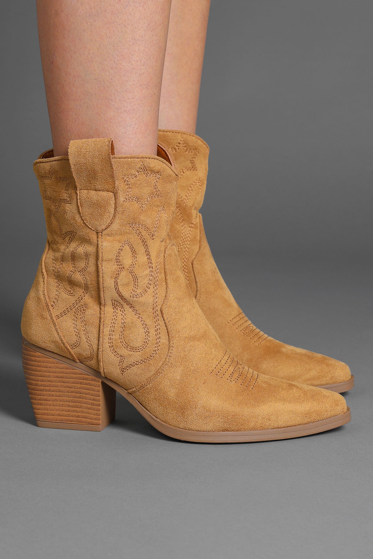 Tan Embroidered Western Ankle Cowboy Boots