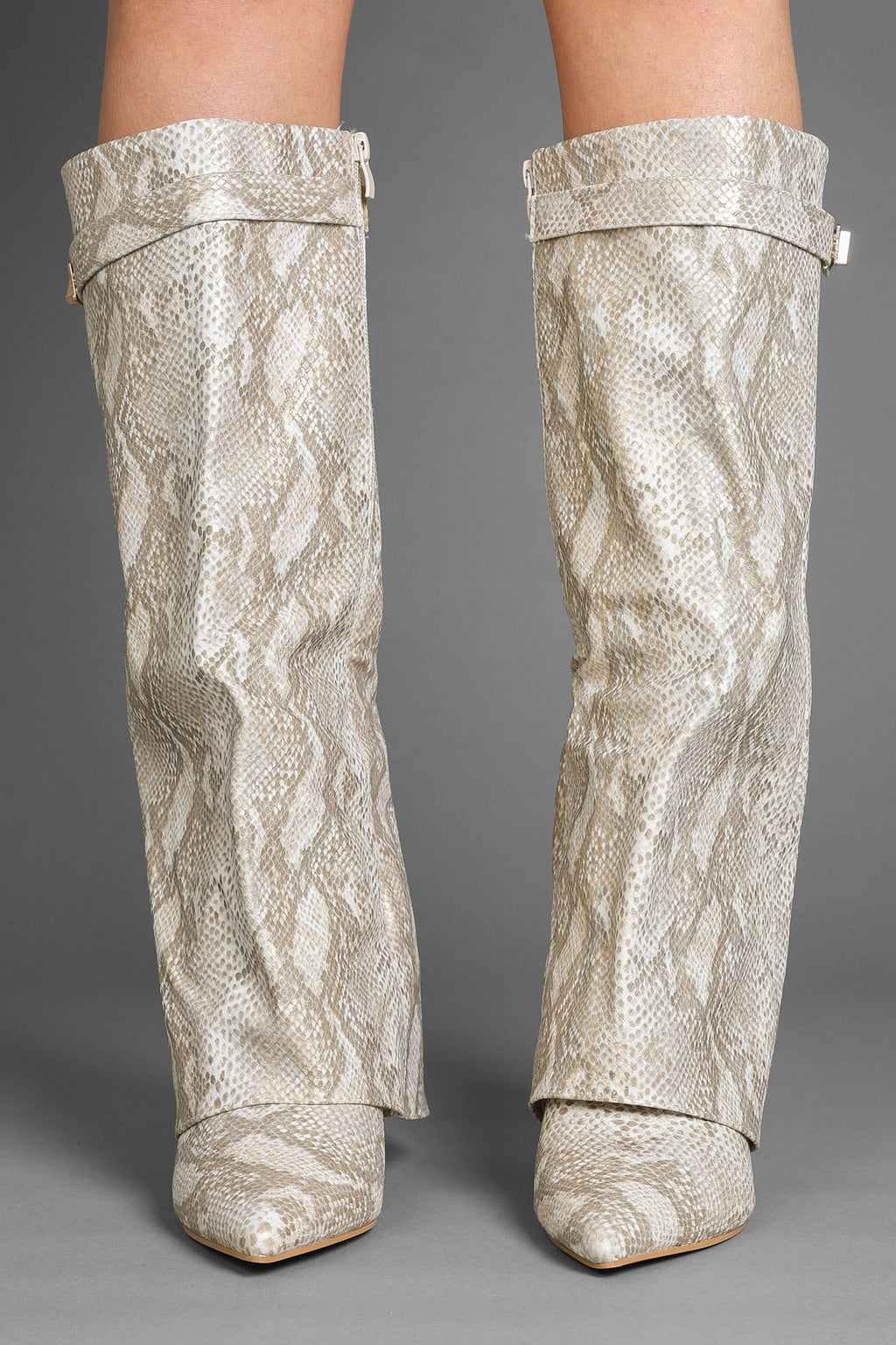 Snake Faux Leather Slouchy Fold-Over Boots with Buckle Detail