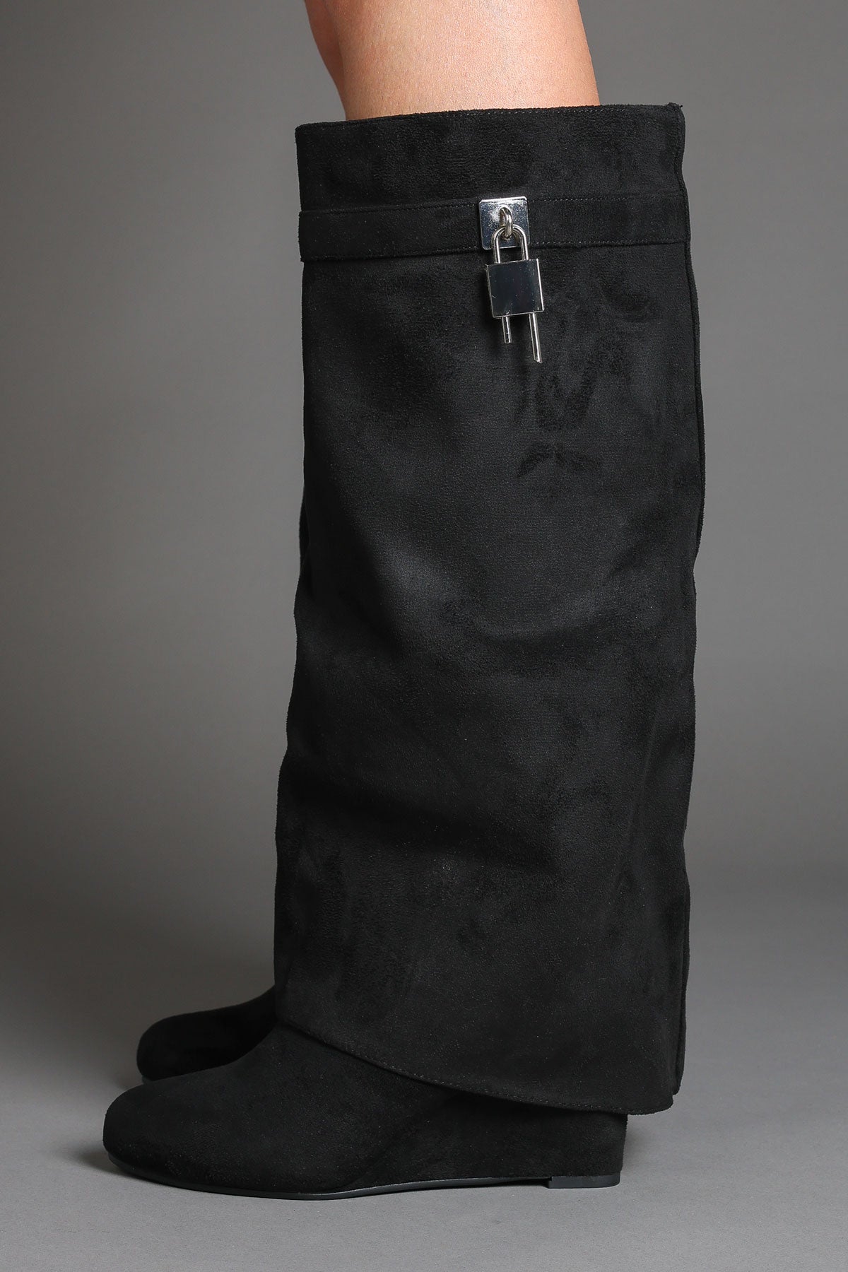 Black Suede Wedge Fold Over Padlock Detail Boots