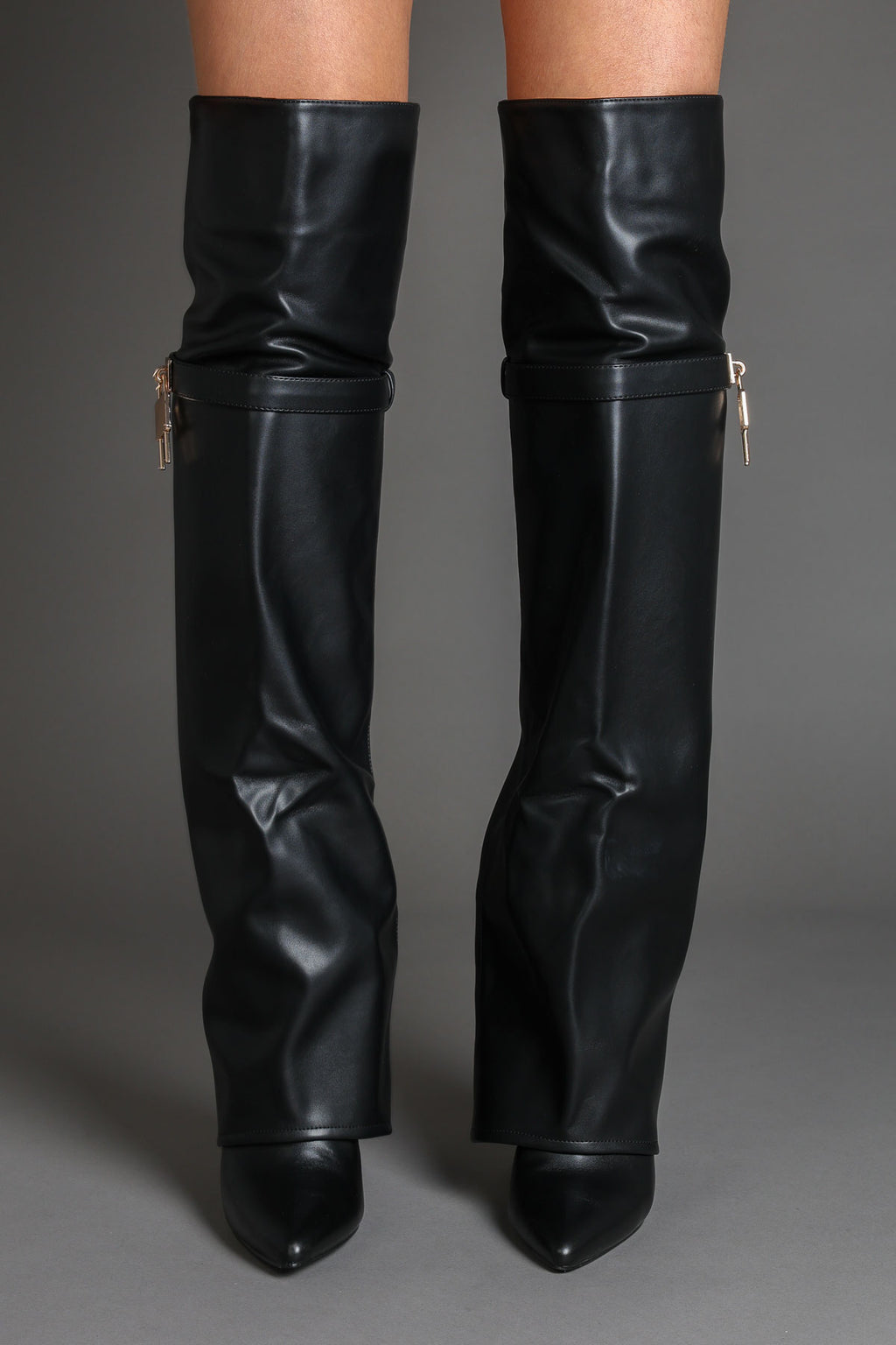 Black Faux Leather Lock Detail Fold Over Shark Thigh High Long Boots