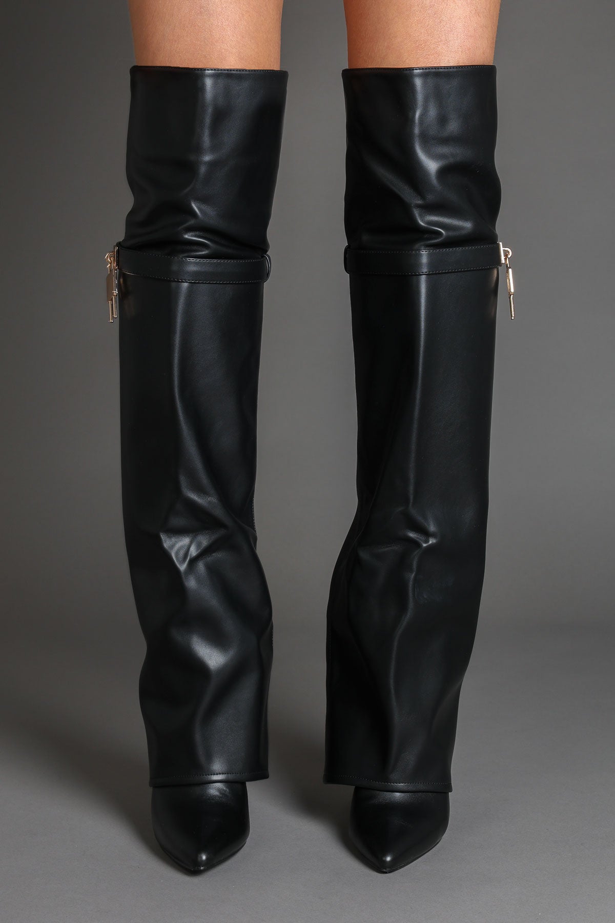 Black Faux Leather Lock Detail Fold Over Shark Thigh High Long Boots