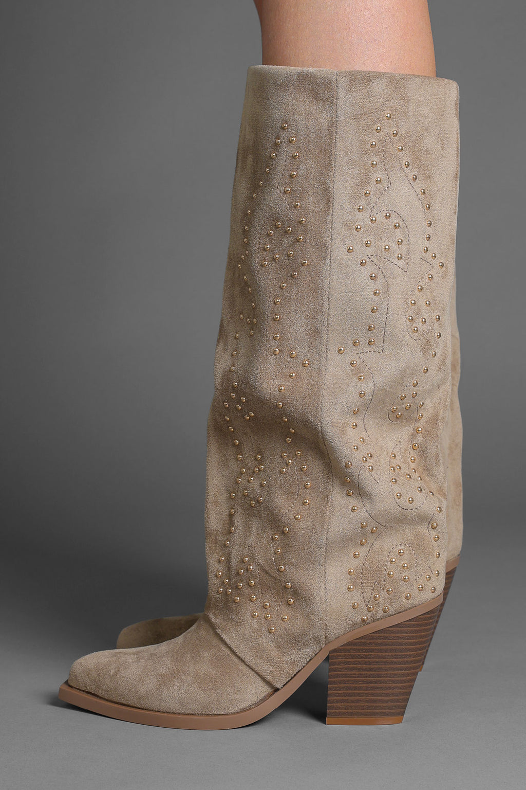 Taupe Faux Suede Studded Slouchy Western Cowboy Boots