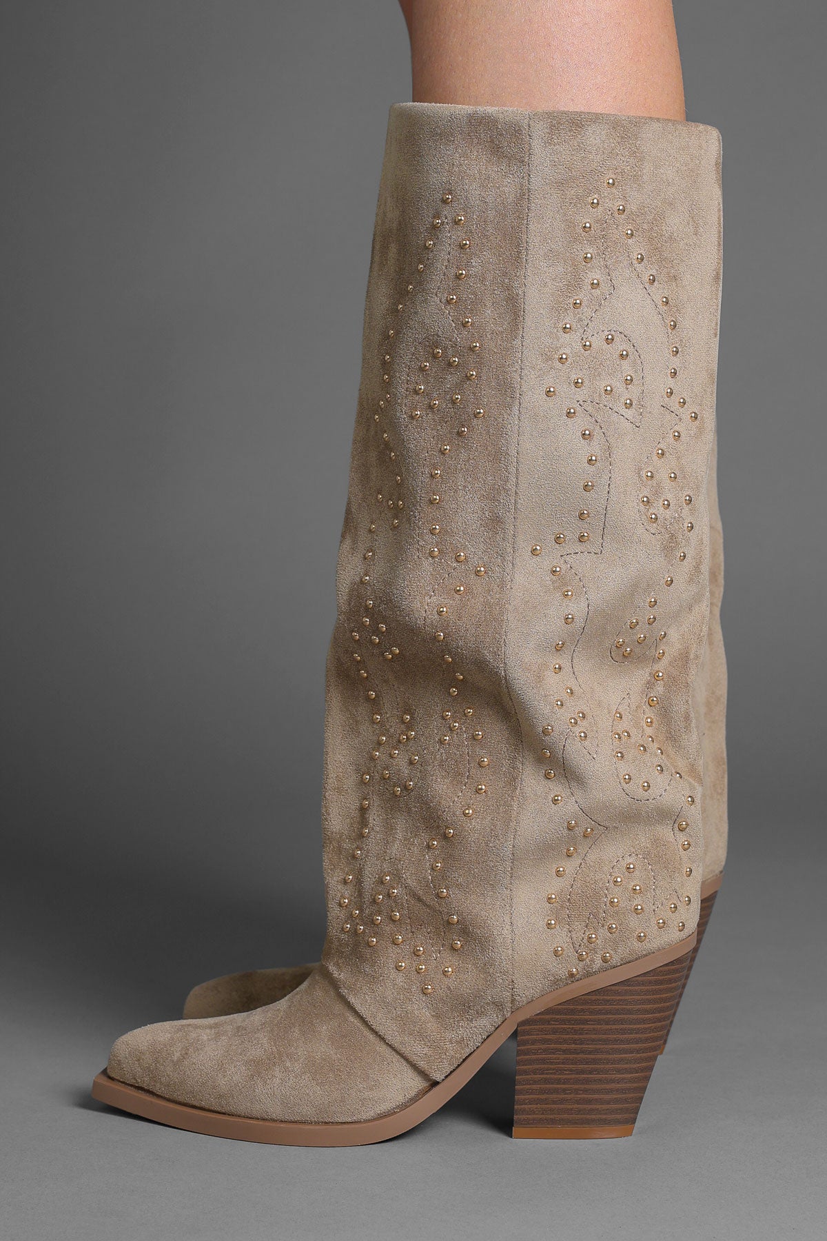 Taupe Faux Suede Studded Slouchy Western Cowboy Boots