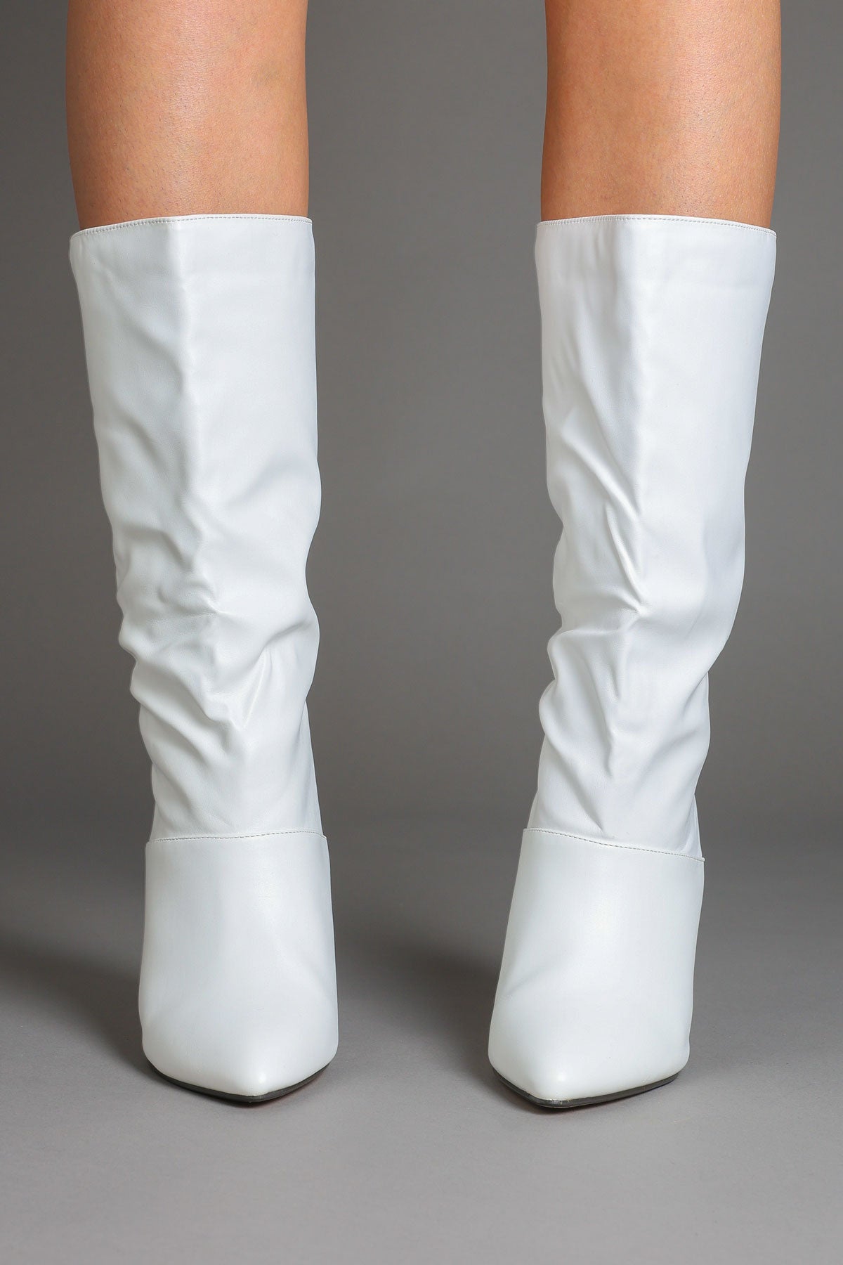White Faux Leather Slouchy Pointed-Toe Stiletto Boots