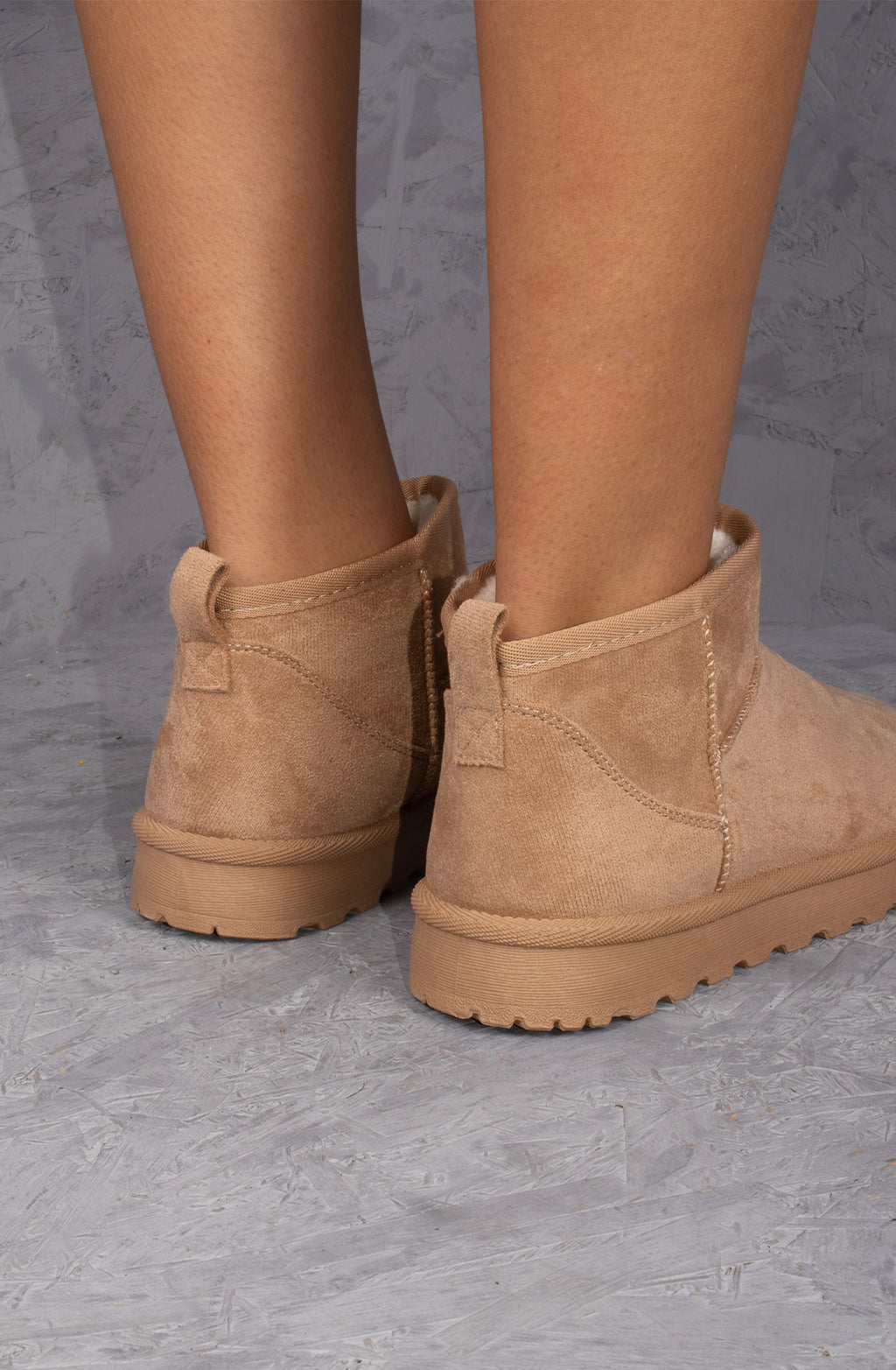 Ultra Mini Ankle Length Faux Fur Lining Boots In Beige Faux Suede