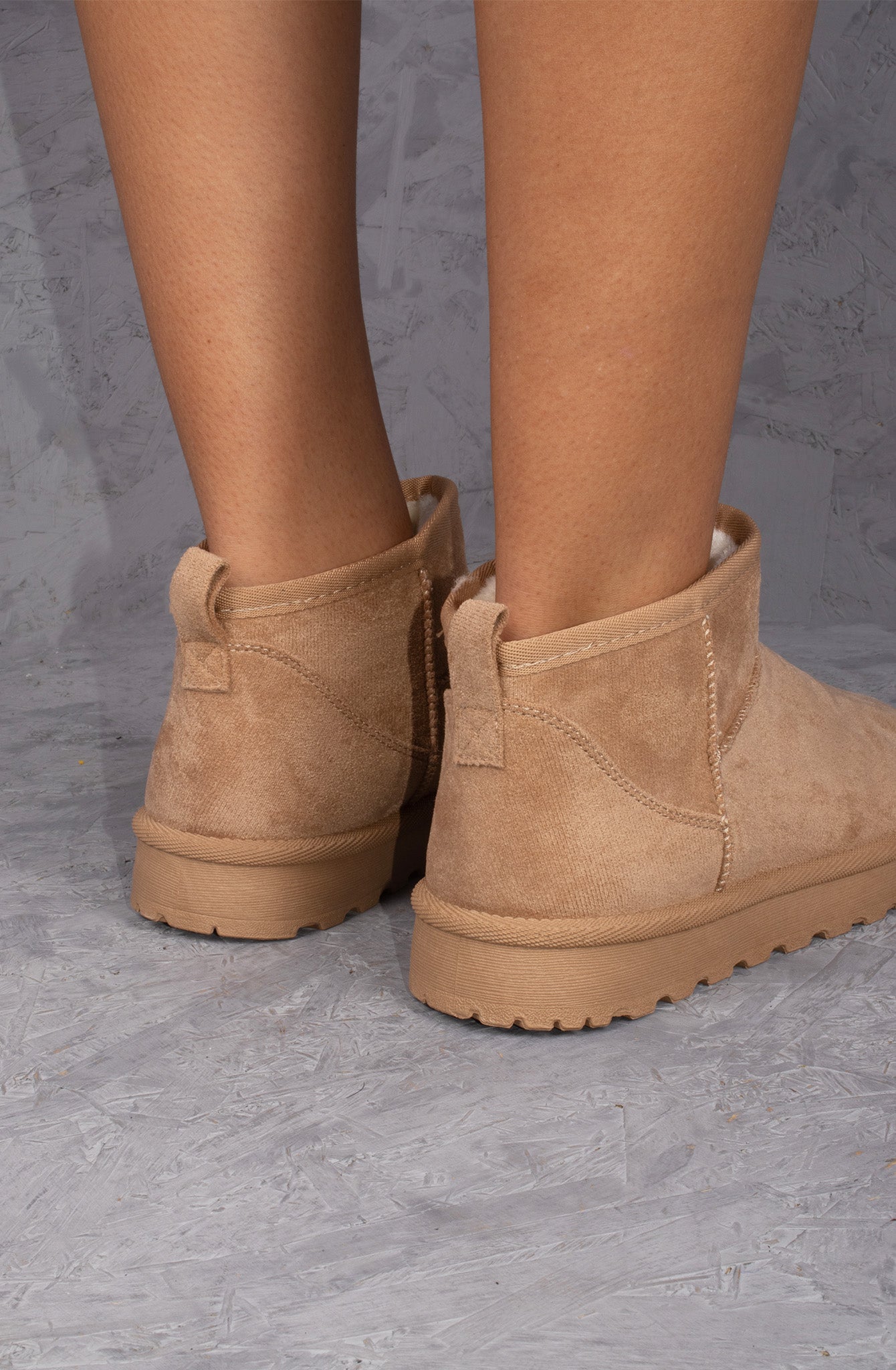 Ultra Mini Ankle Length Faux Fur Lining Boots In Beige Faux Suede
