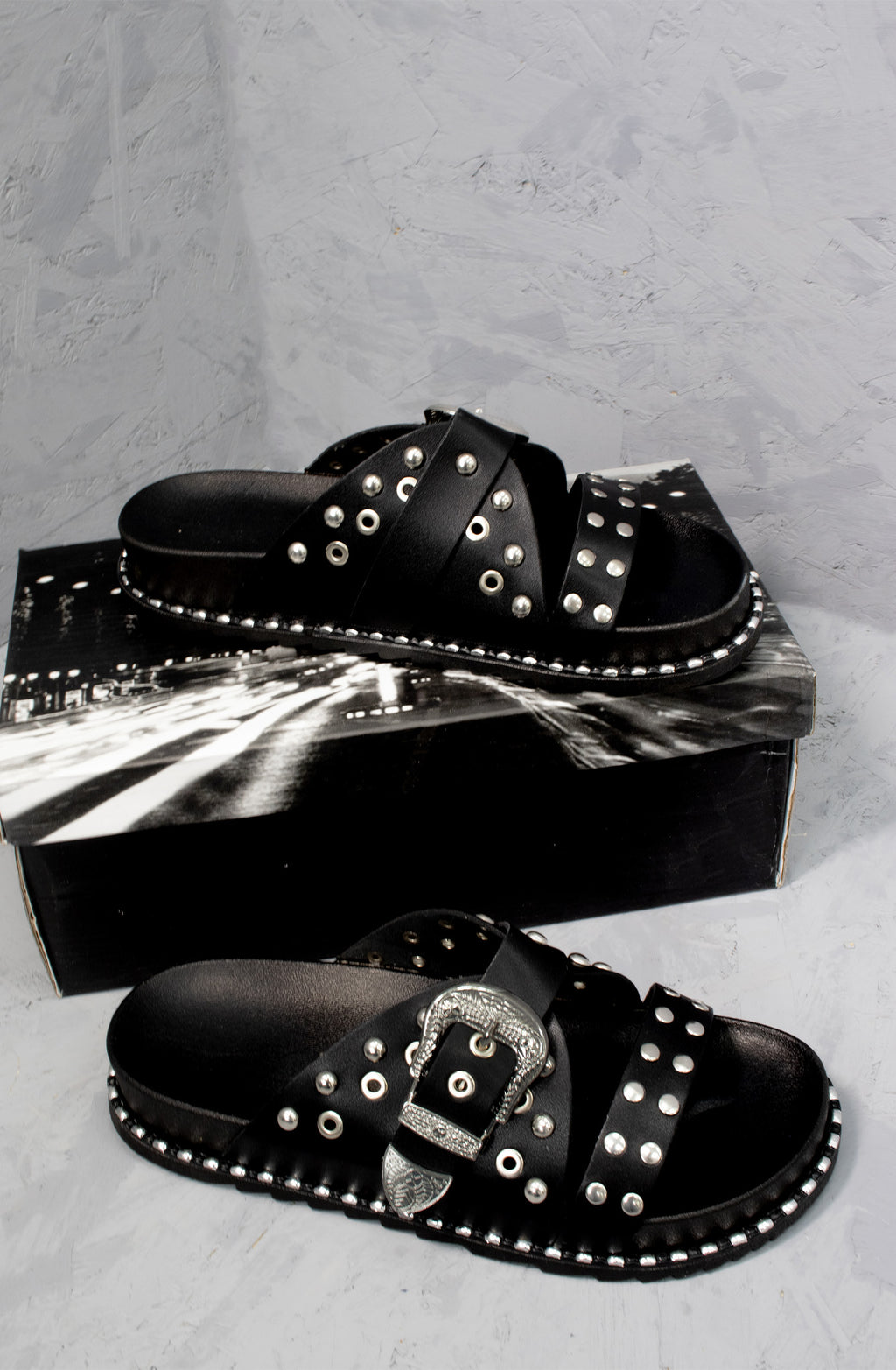 Black Chunky Sole Western Buckle Studded Sandal