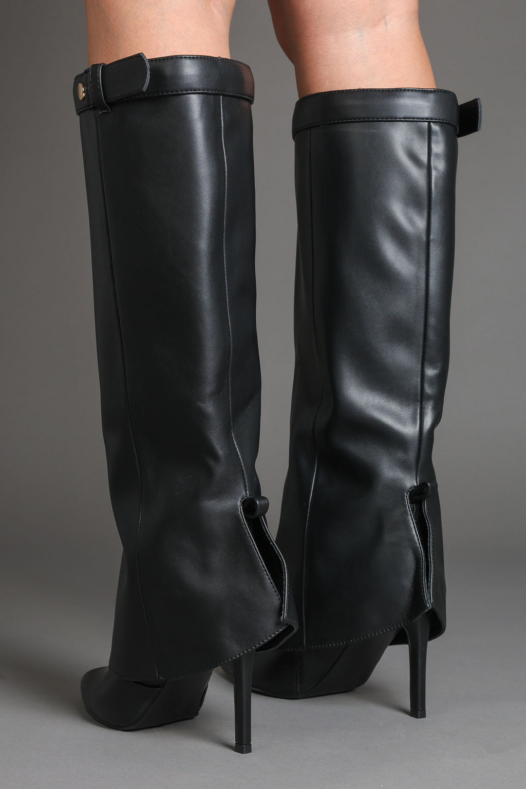 Black Fold Over Stiletto Boots with Pointed Toe