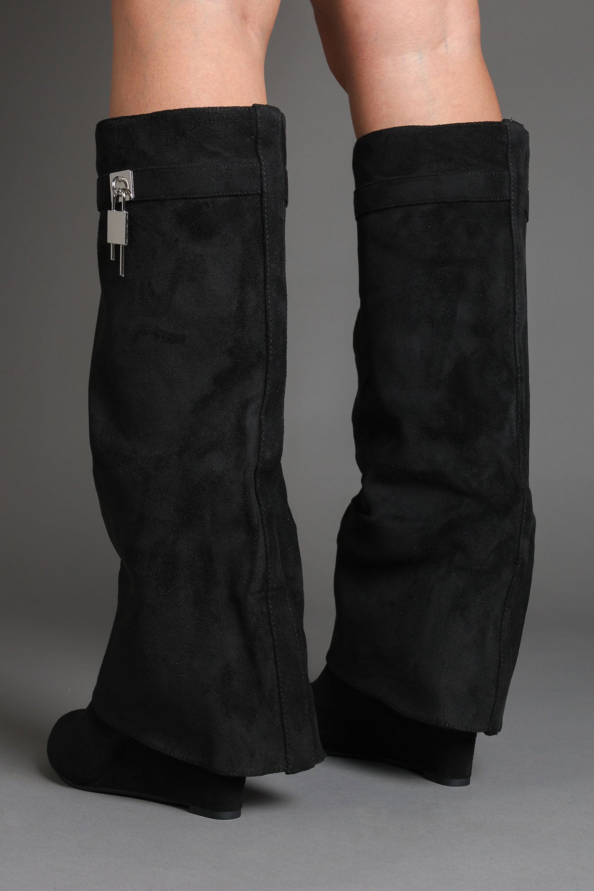 Black Suede Wedge Fold Over Padlock Detail Boots