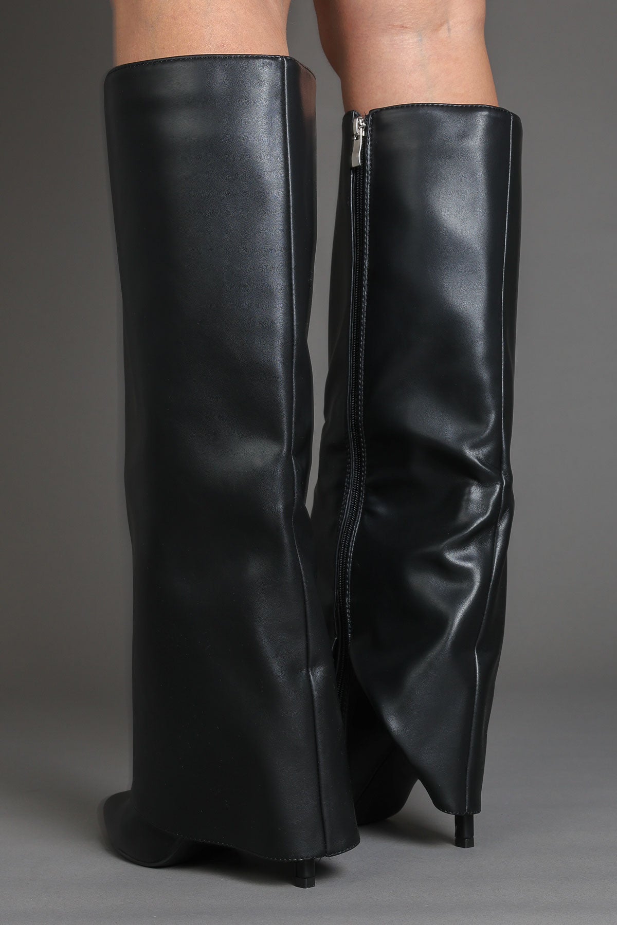Black Faux Leather Stiletto Slouchy Fold Over Knee-High Boots