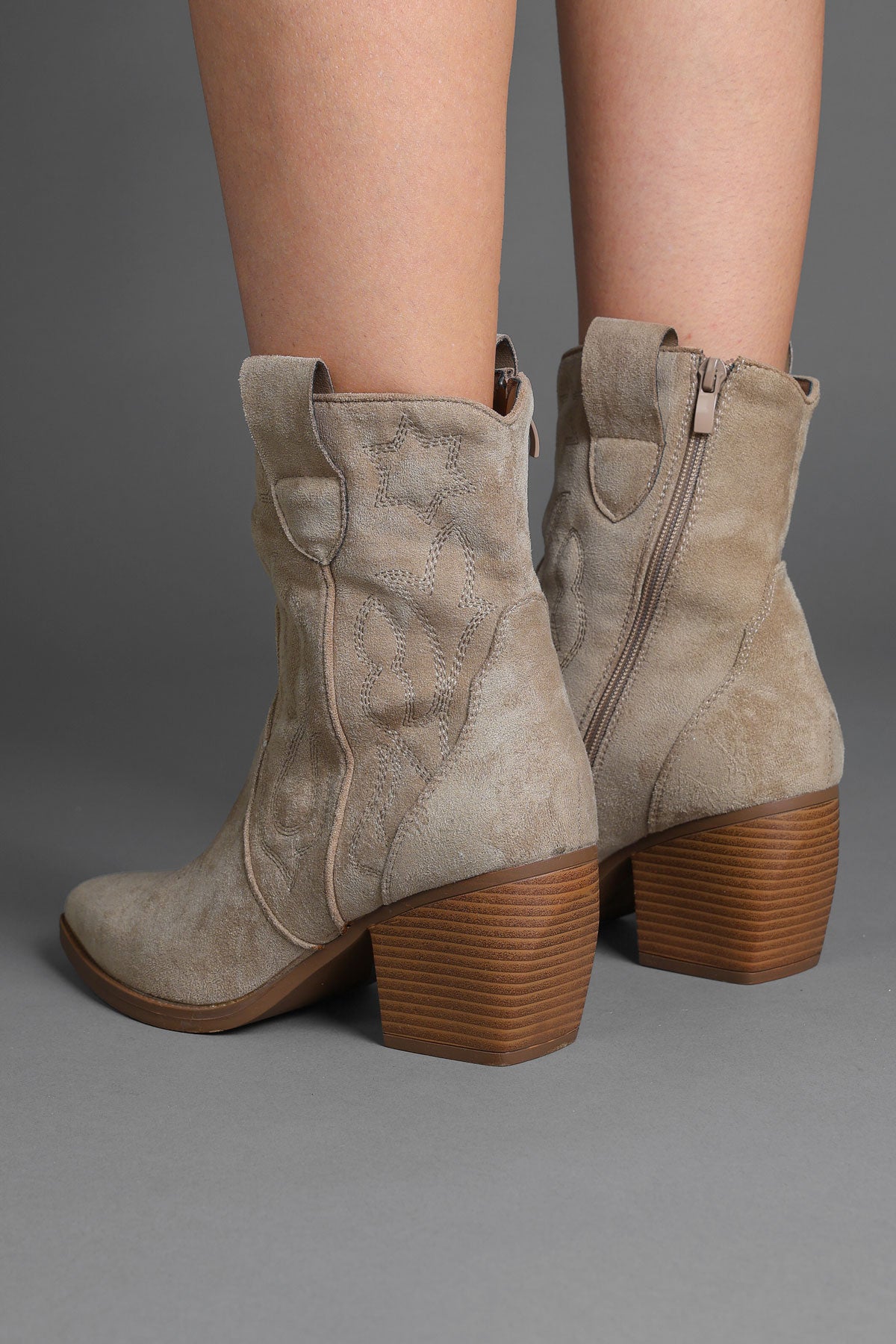 Taupe Embroidered Western Ankle Cowboy Boots