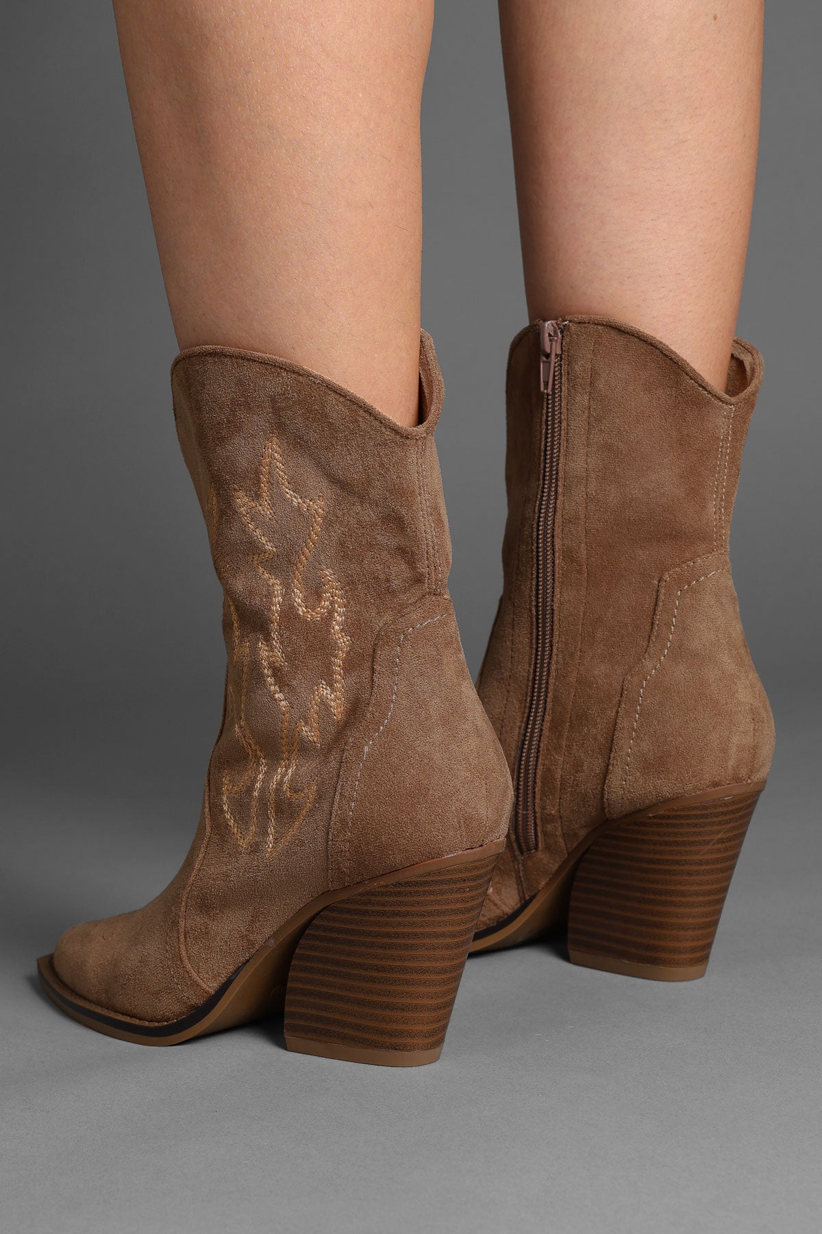Tan Faux Suede Embroidered Classic Western Ankle Cowboy Boots