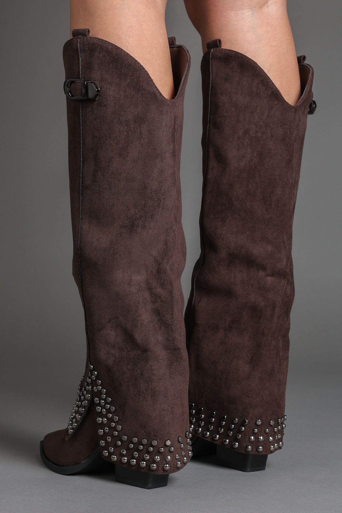 Brown Faux Suede Studded Fold Over Slouch Western Cowboy Boots