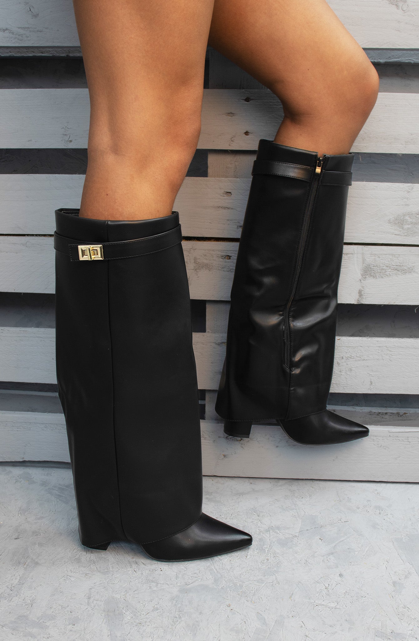 Black Leather Fold Over Shark Classic Buckle Knee High Boot