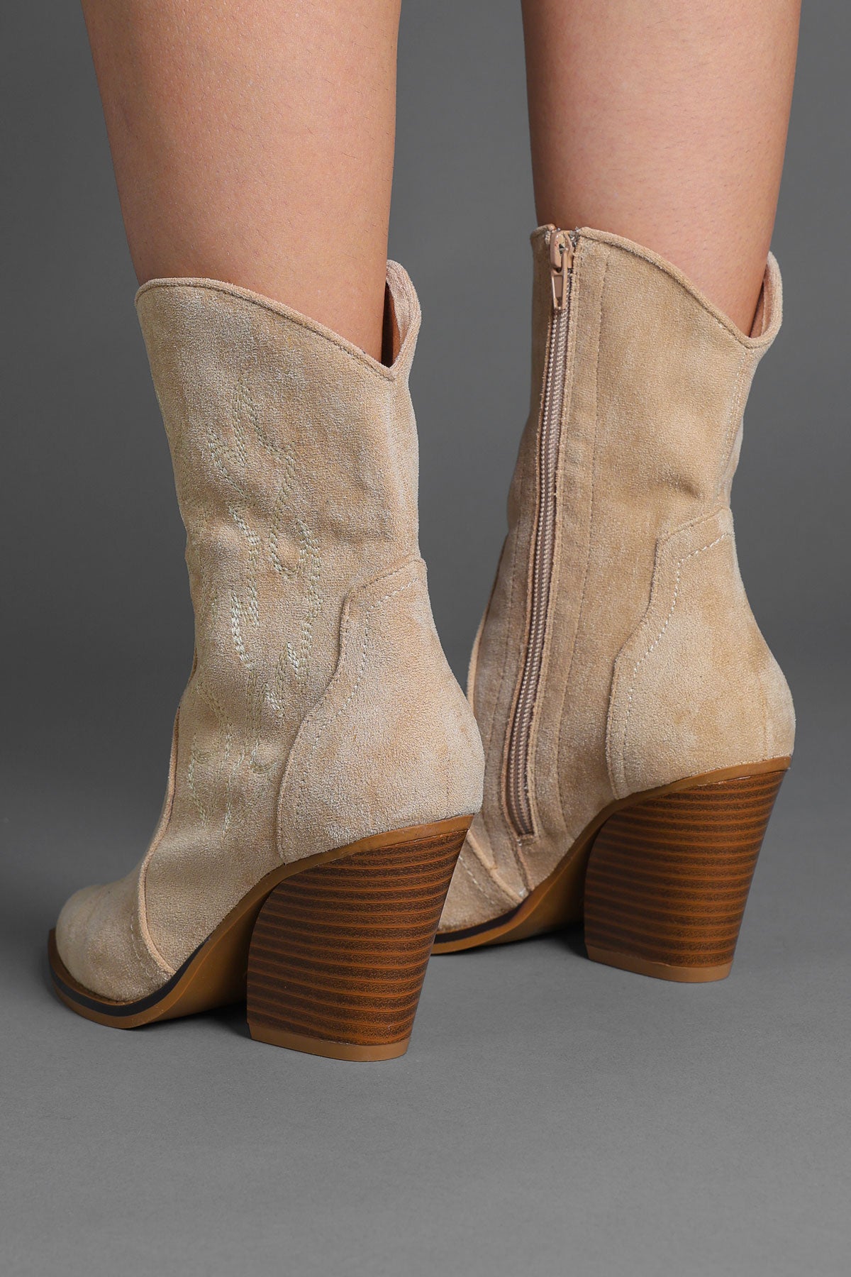 Beige Faux Suede Embroidered Classic Western Ankle Cowboy Boots