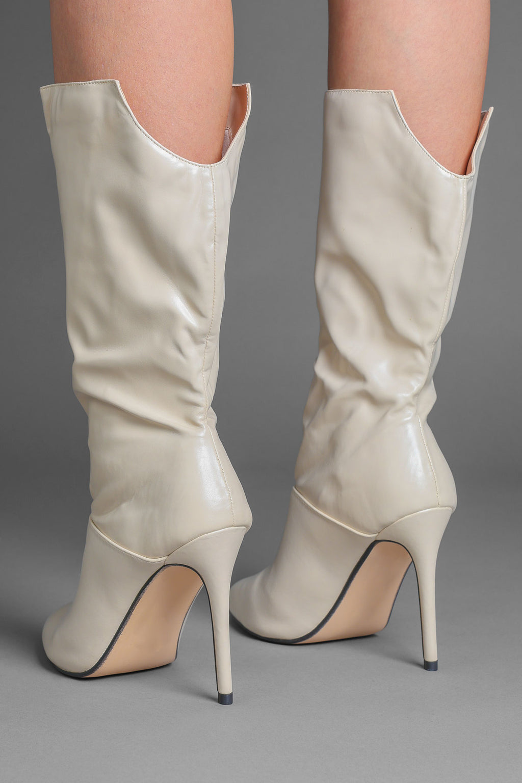 Beige Faux Leather Slouchy Pointed-Toe Stiletto Boots