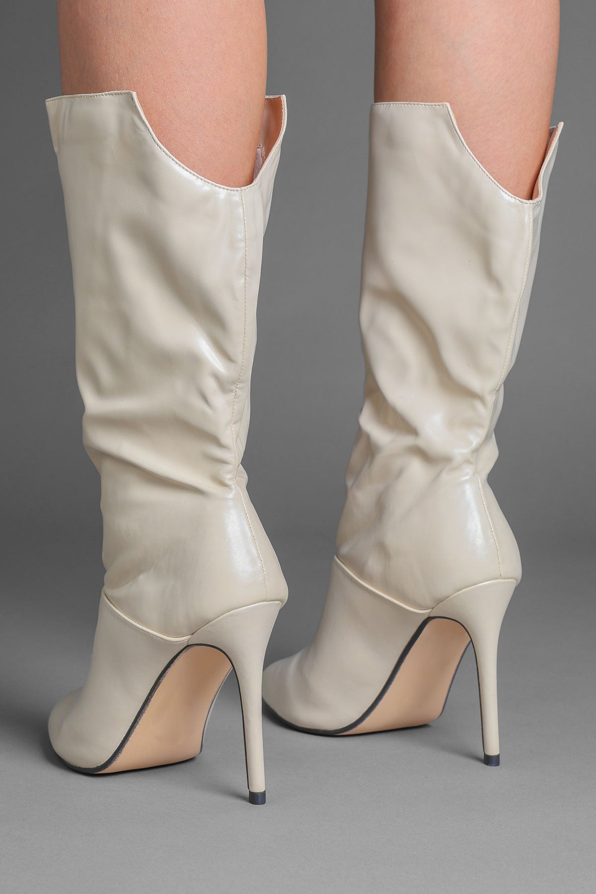 Beige Faux Leather Slouchy Pointed-Toe Stiletto Boots