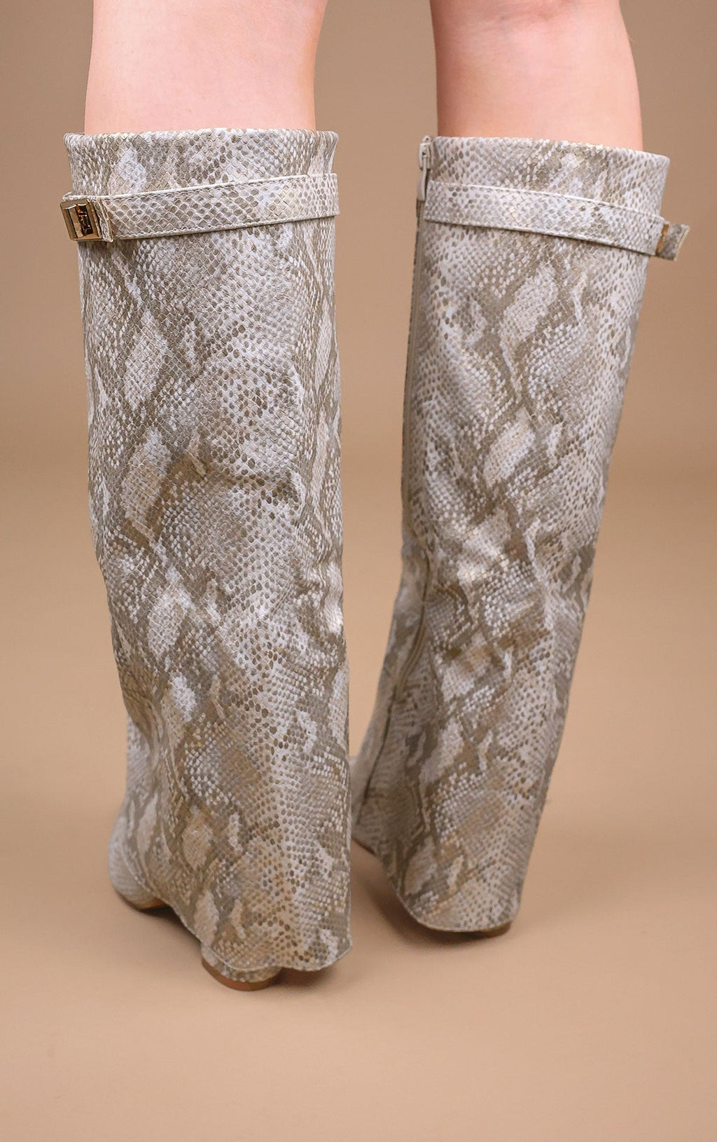 Snake Faux Leather Fold Over Shark Classic Buckle Knee High Boot
