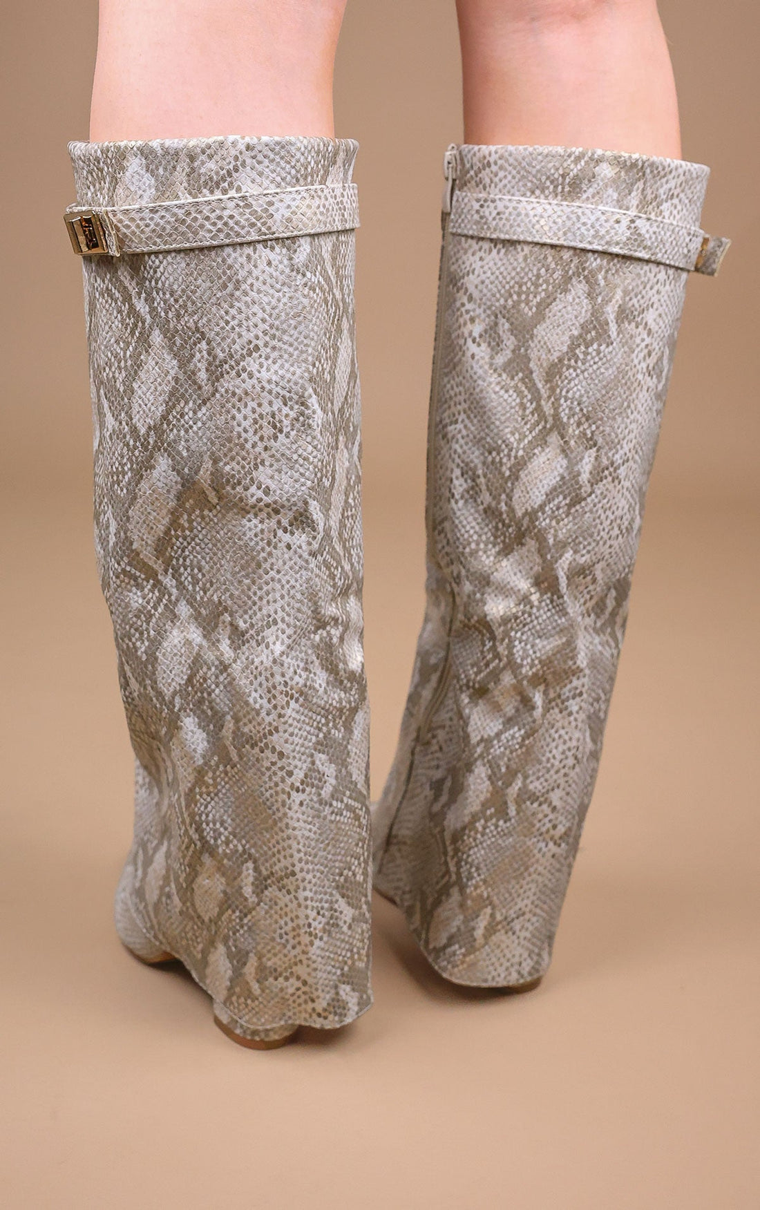 Snake Faux Leather Fold Over Shark Classic Buckle Knee High Boot