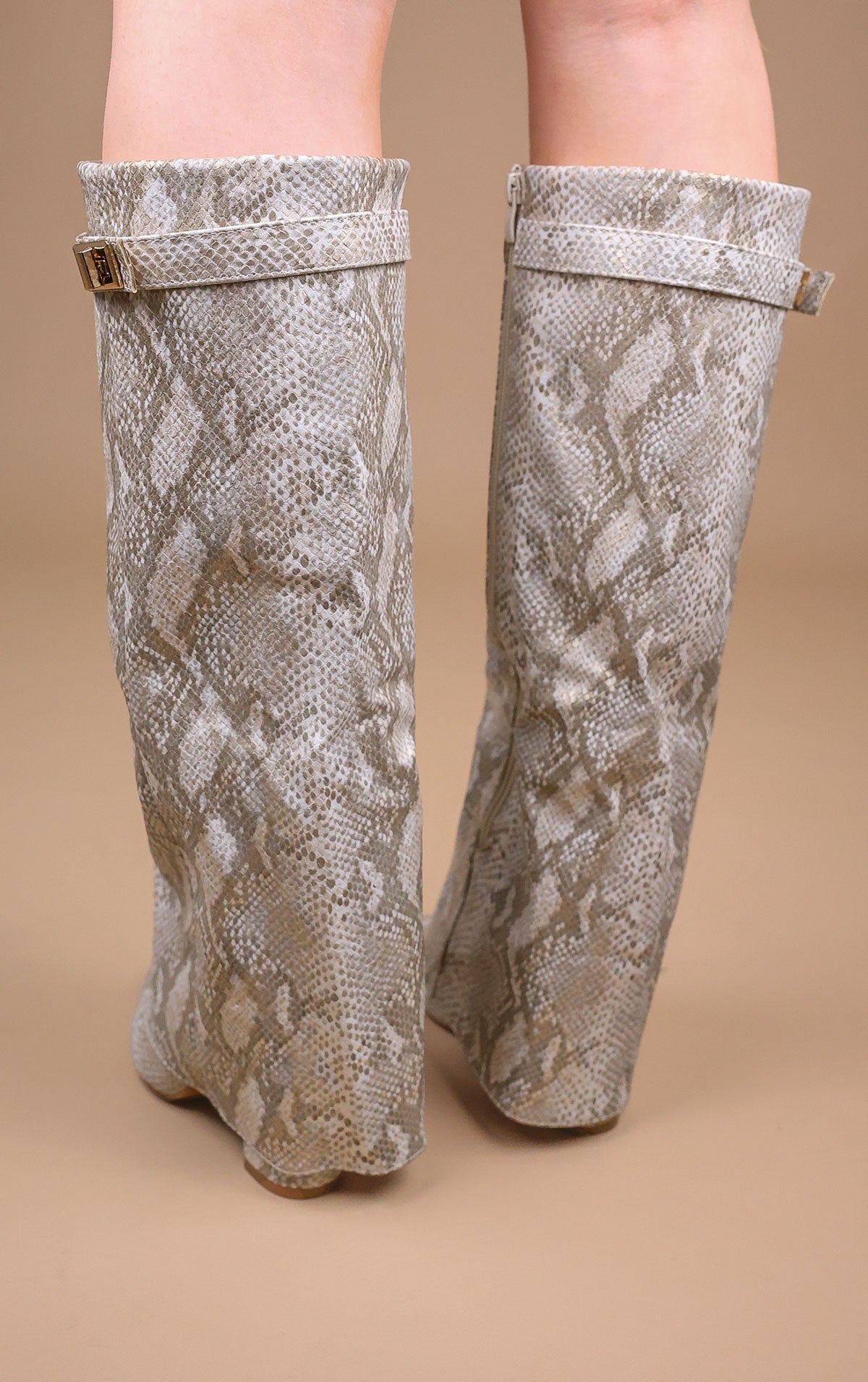 Snake Faux Leather Fold Over Shark Classic Buckle Knee High Boot