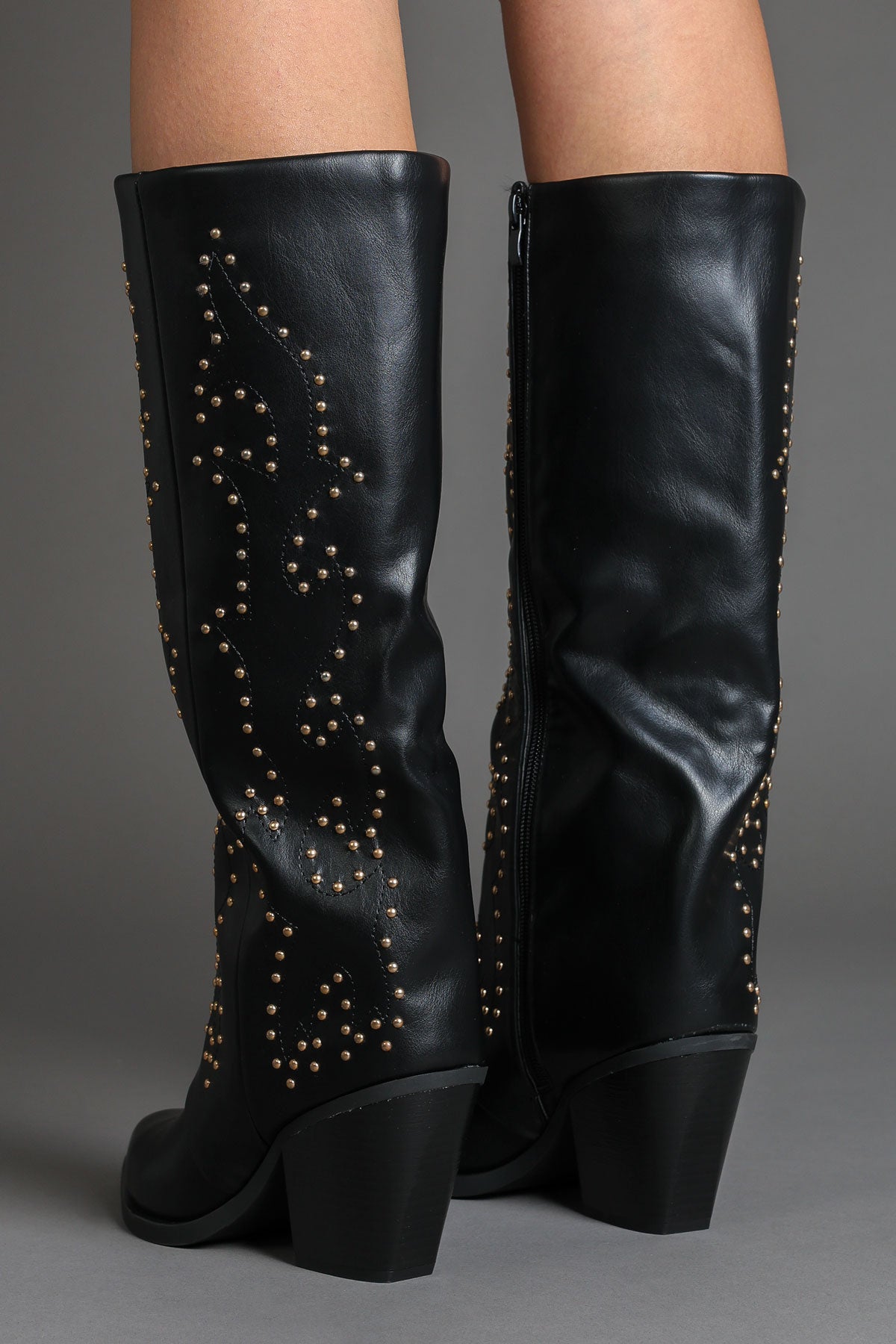 Black Faux Leather Studded Slouchy Western Cowboy Boots