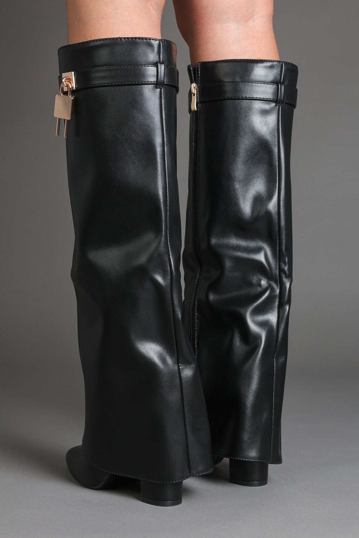 Black Faux Leather Fold Over Padlock Detail Slouchy Shark Boots