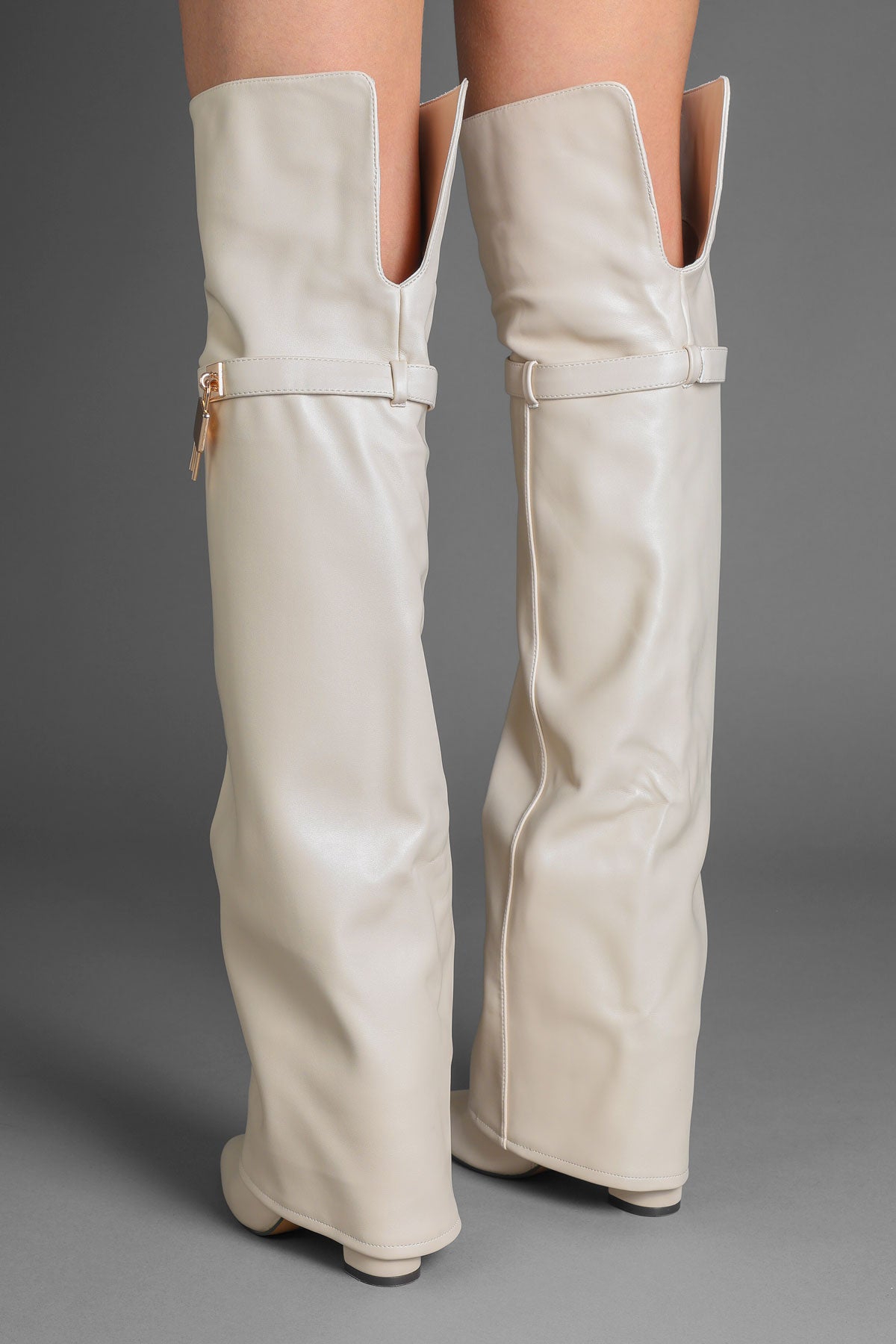 Beige Faux Leather Lock Detail Fold Over Shark Thigh High Long Boots
