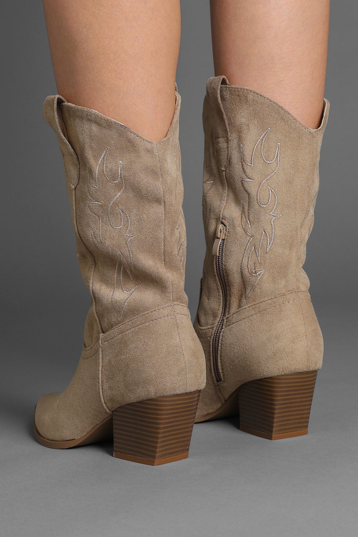 Taupe Faux Suede Flame Embroidered Western Cowboy Boots