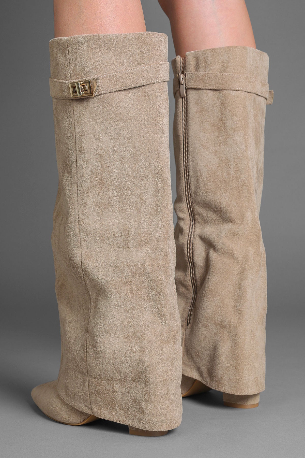 Taupe Faux Suede Fold Over Buckle lock Shark Boots