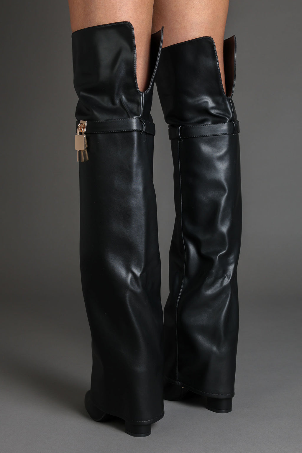 Black Faux Leather Lock Detail Fold Over Shark Thigh High Long Boots