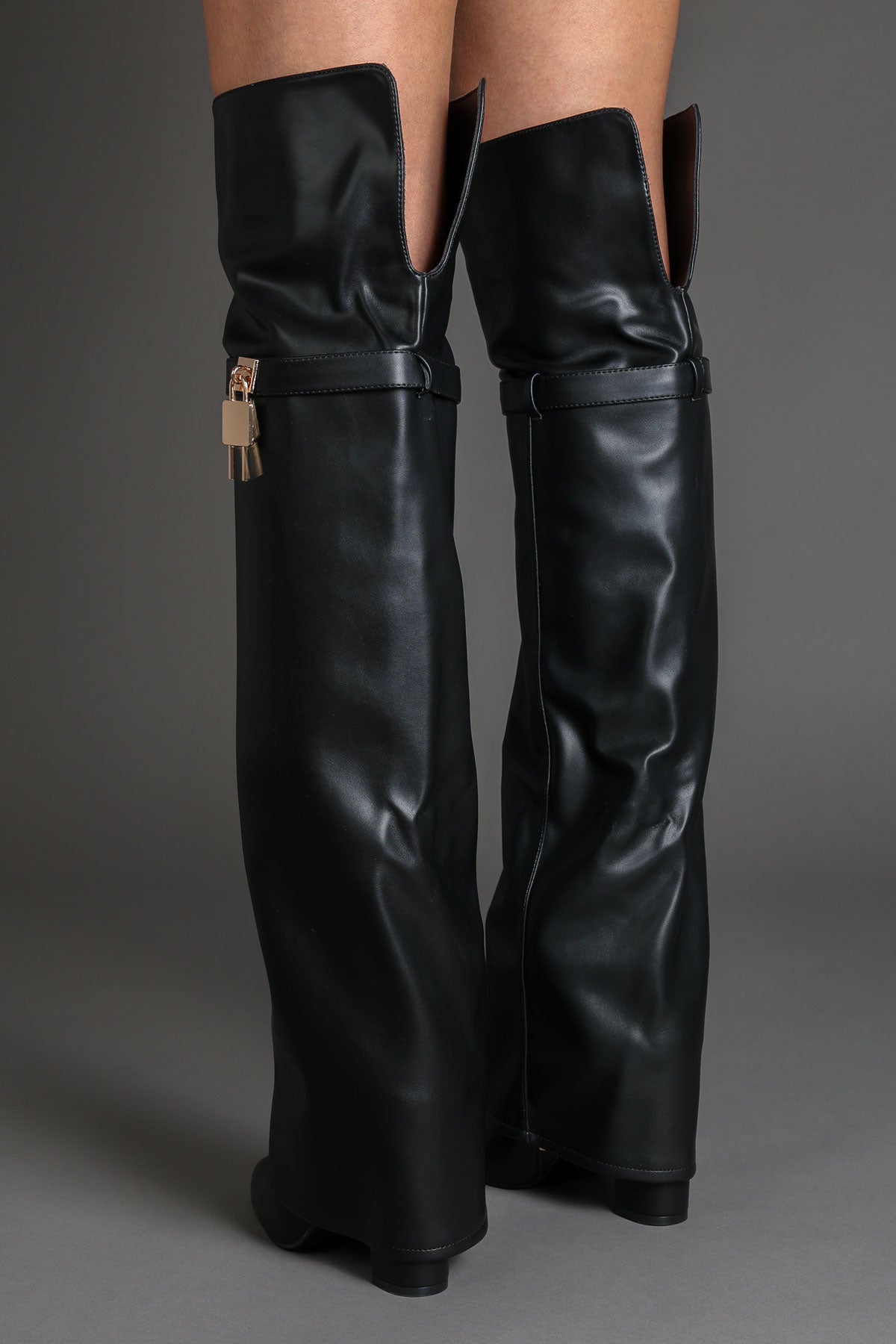 Black Faux Leather Lock Detail Fold Over Shark Thigh High Long Boots