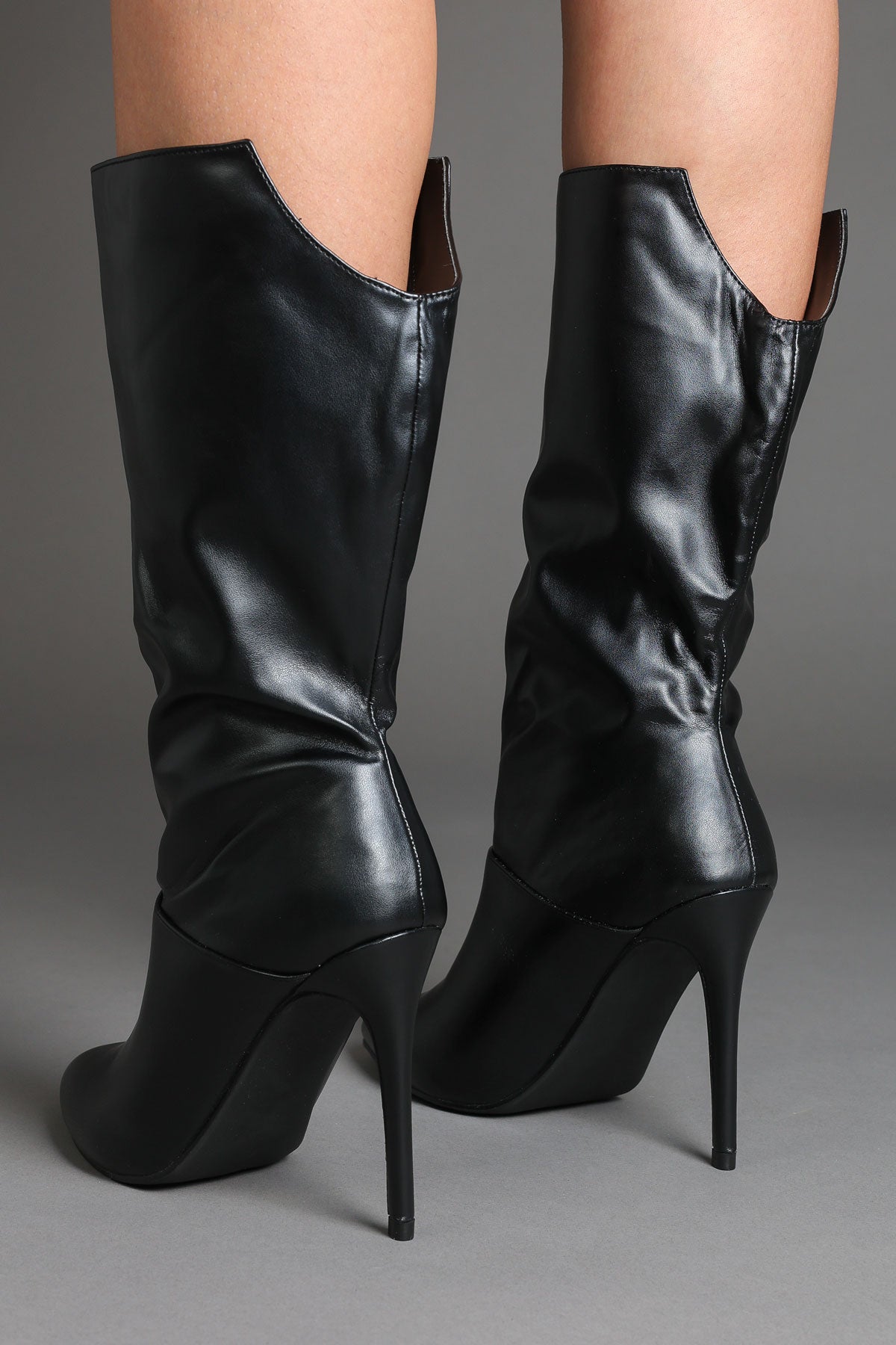 Black Faux Leather Slouchy Pointed-Toe Stiletto Boots