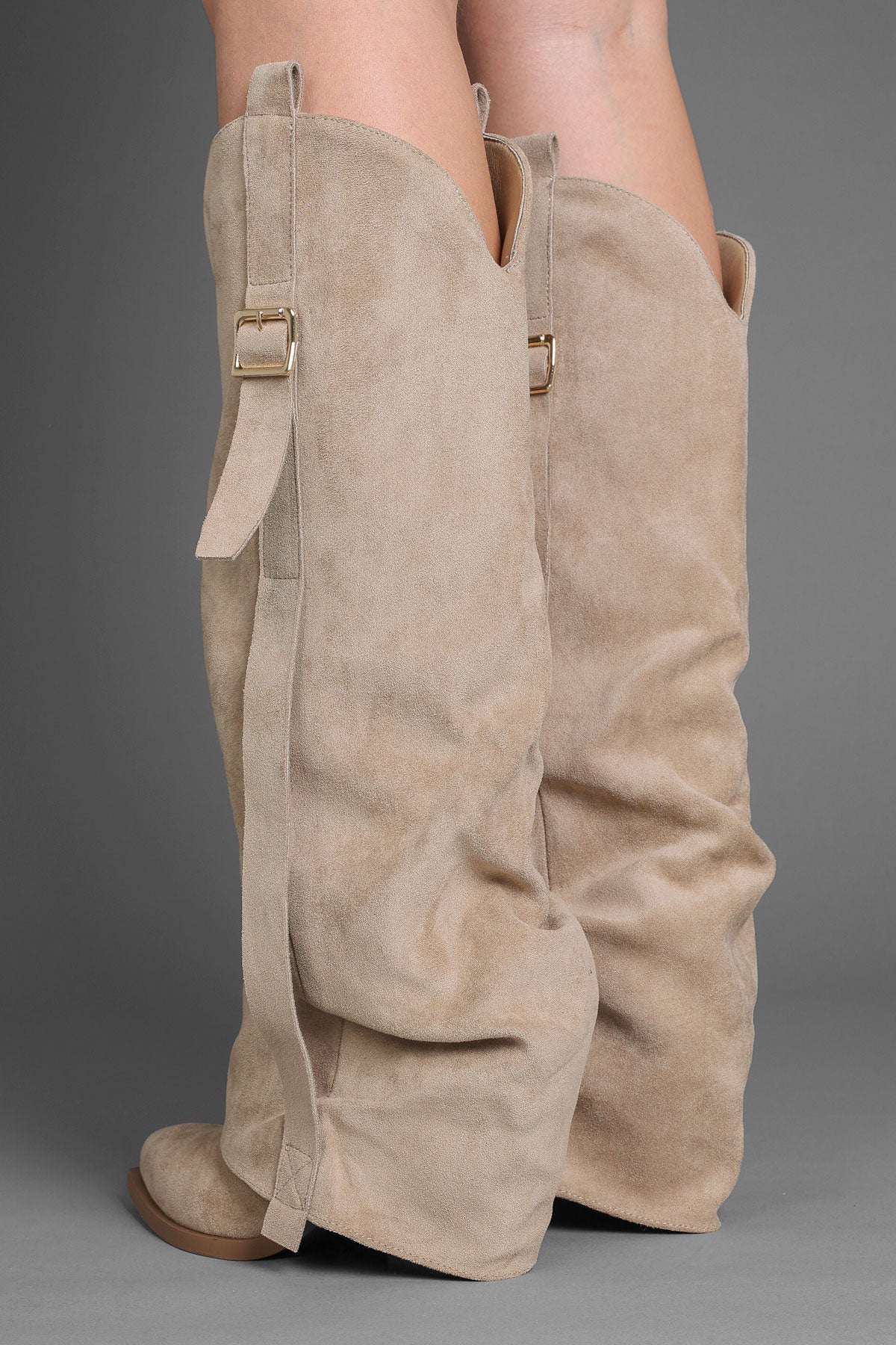 Taupe Suede Slouchy Fold Over Western Cowboy Boots