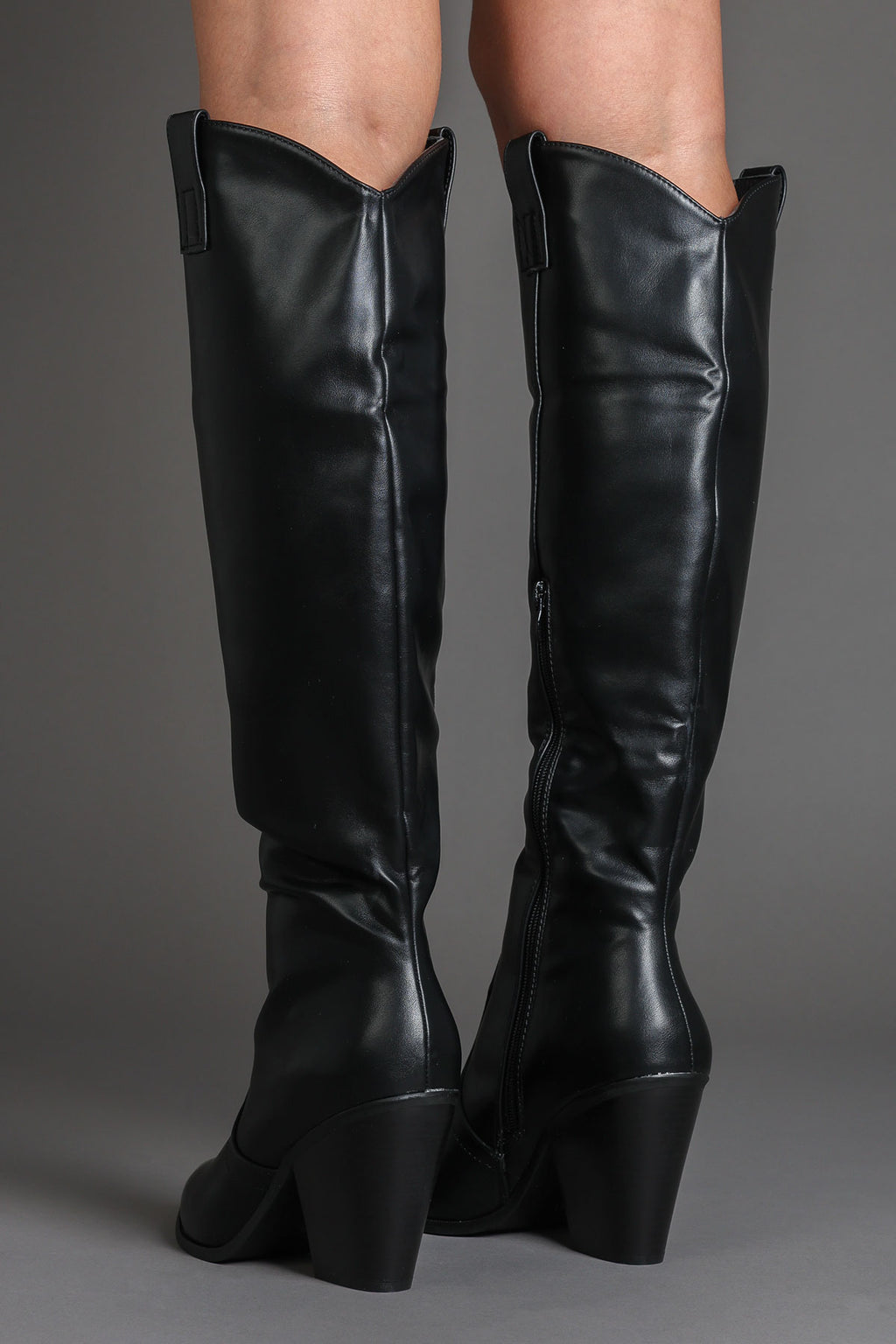 Black Faux Leather Metal Toe Knee High Cowboy Boots