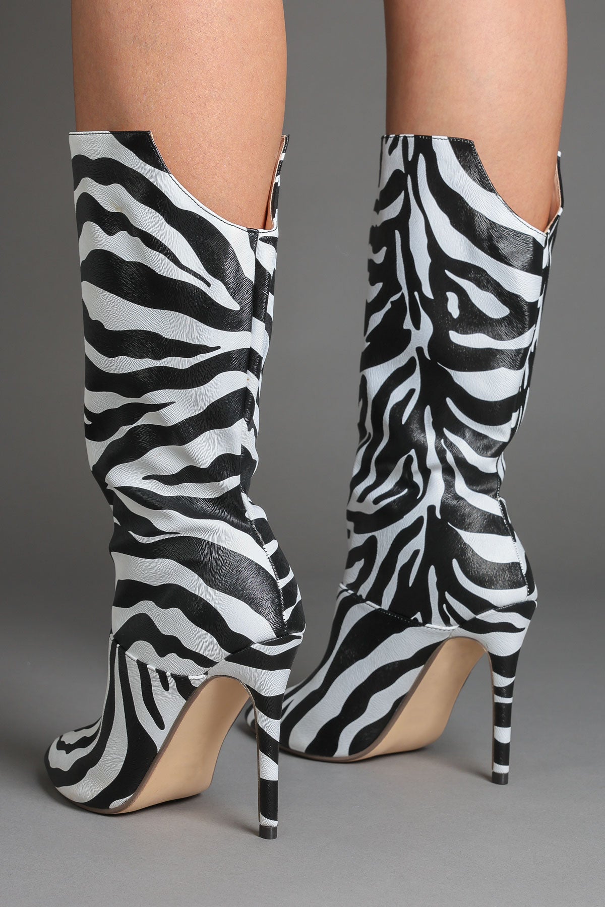 Zebra Printed Faux Leather Slouchy Pointed-Toe Stiletto Boots