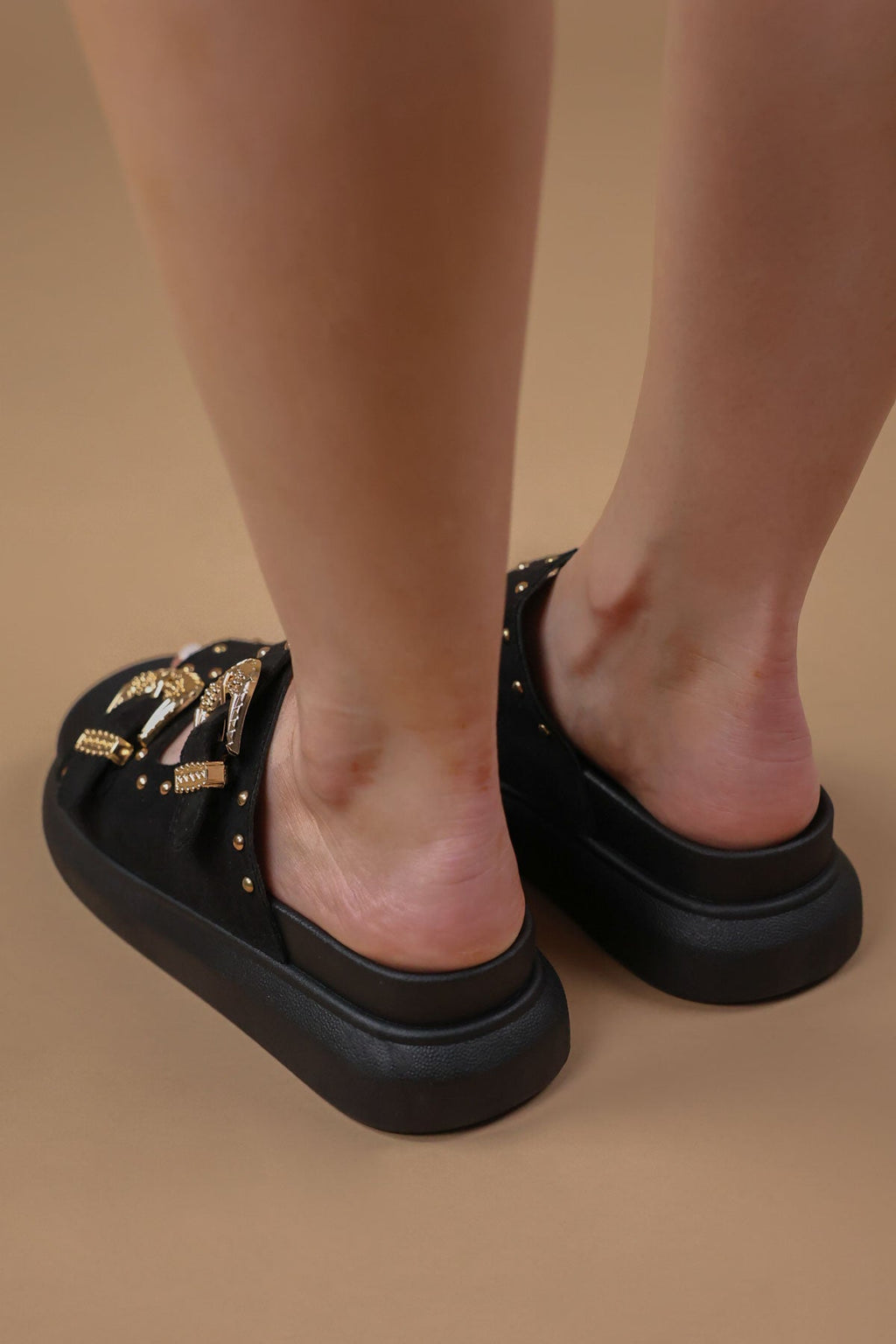 Myah Black Suede Chunky Studded Buckle Sandals