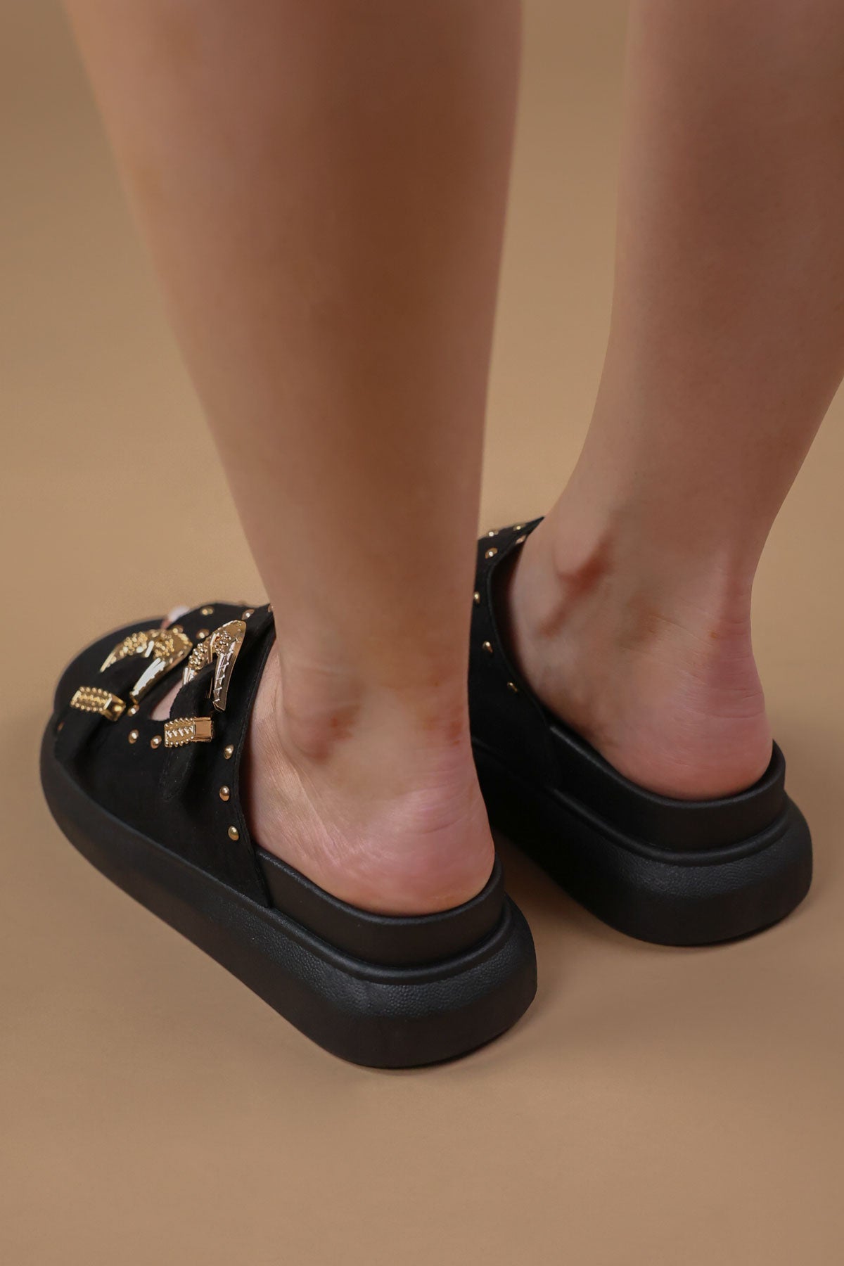 Myah Black Suede Chunky Studded Buckle Sandals