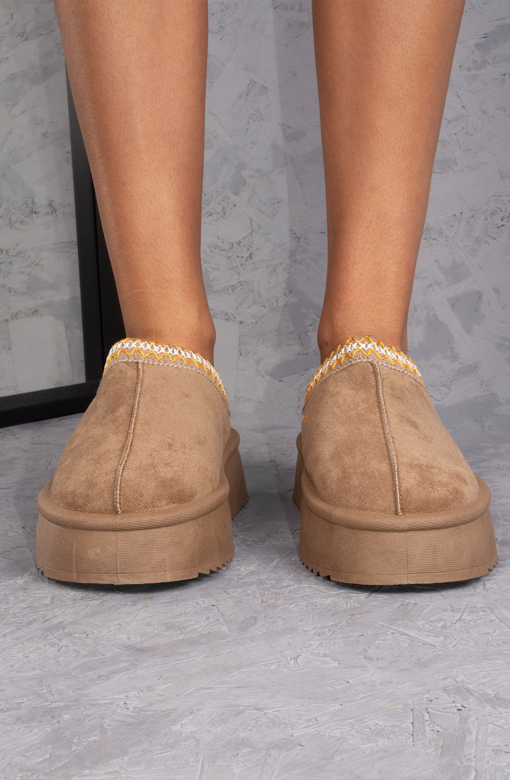 Vanilla Suede Embroidered Chunky Platform Slippers Shoes - Taupe