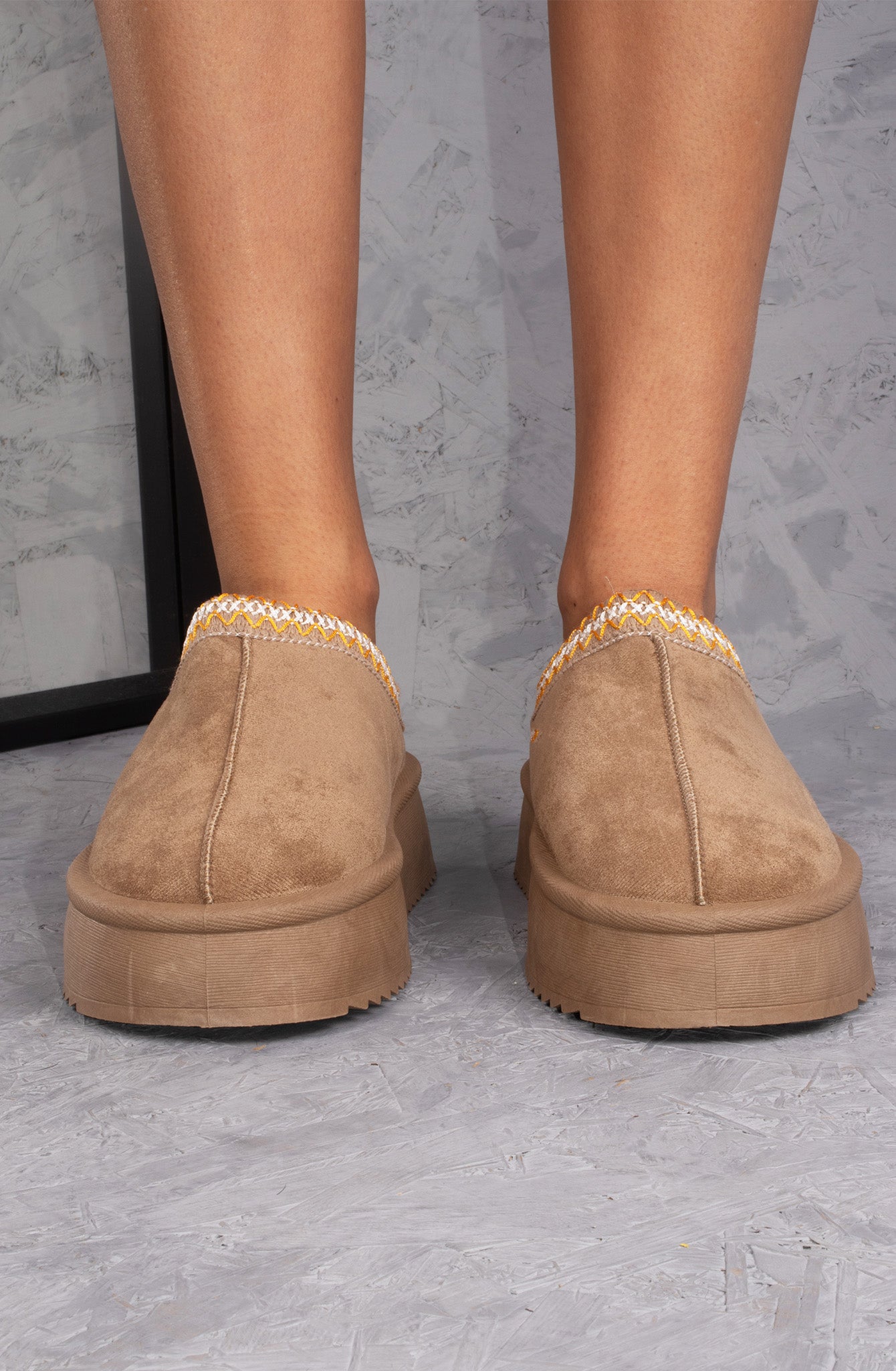 Vanilla Suede Embroidered Chunky Platform Slippers Shoes - Taupe