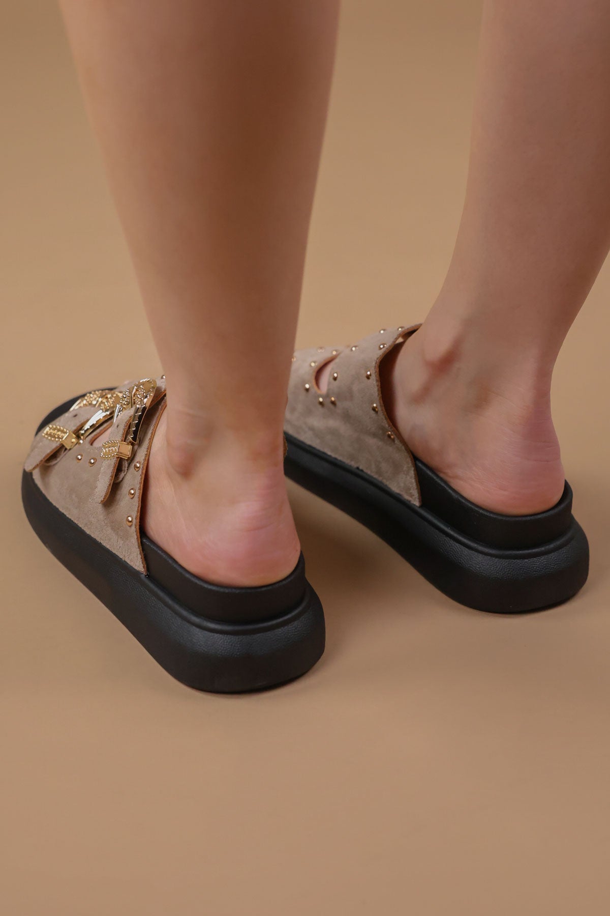 Myah Taupe Suede Chunky Studded Buckle Sandals