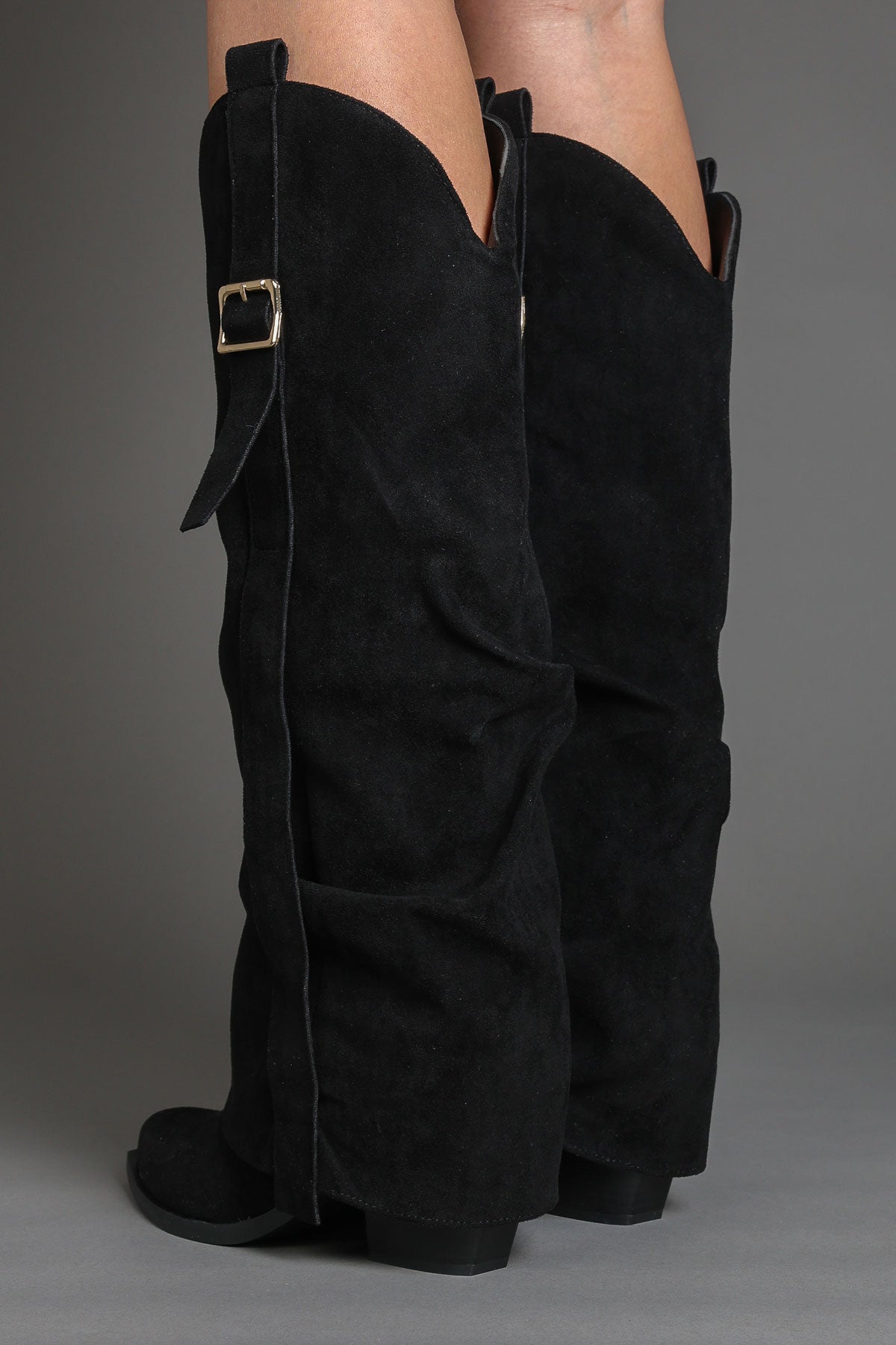 Black Suede Slouchy Fold Over Western Cowboy Boots