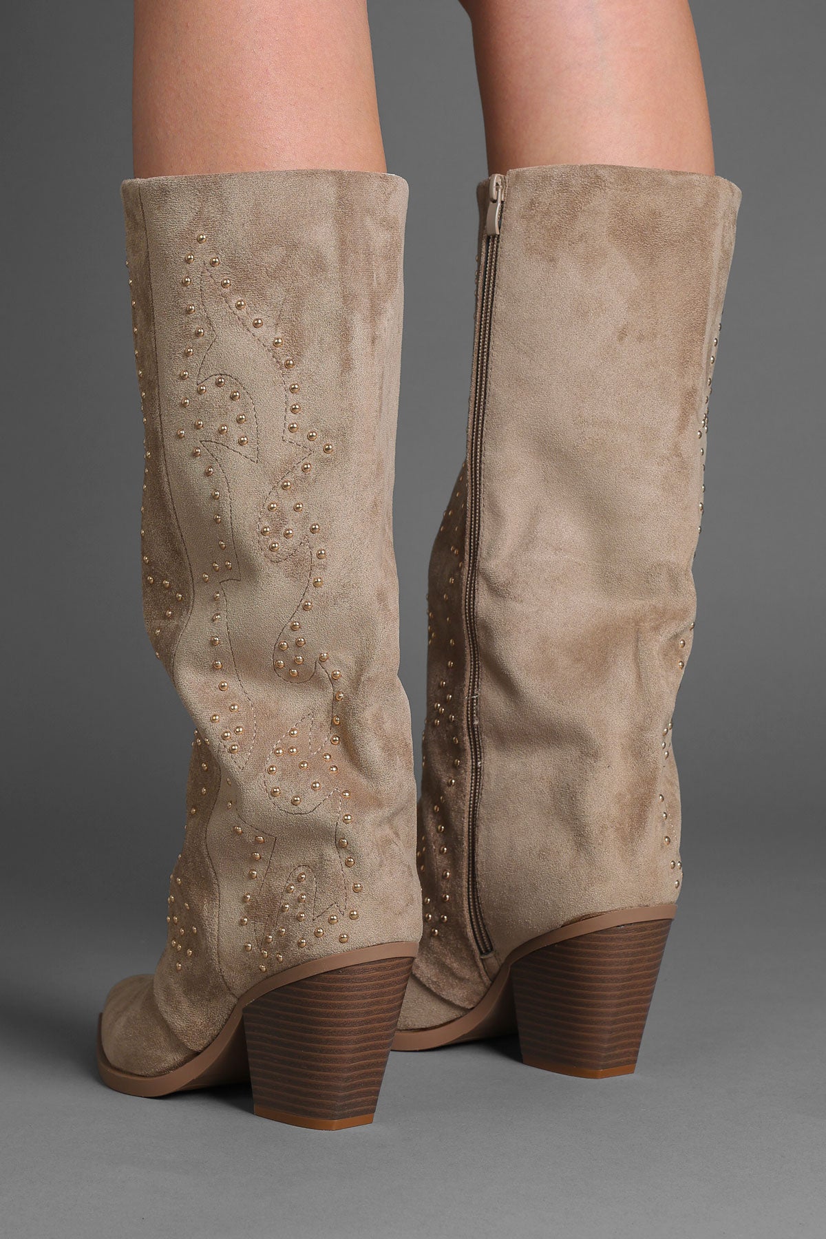 Taupe Faux Suede Studded Slouchy Western Cowboy Boots