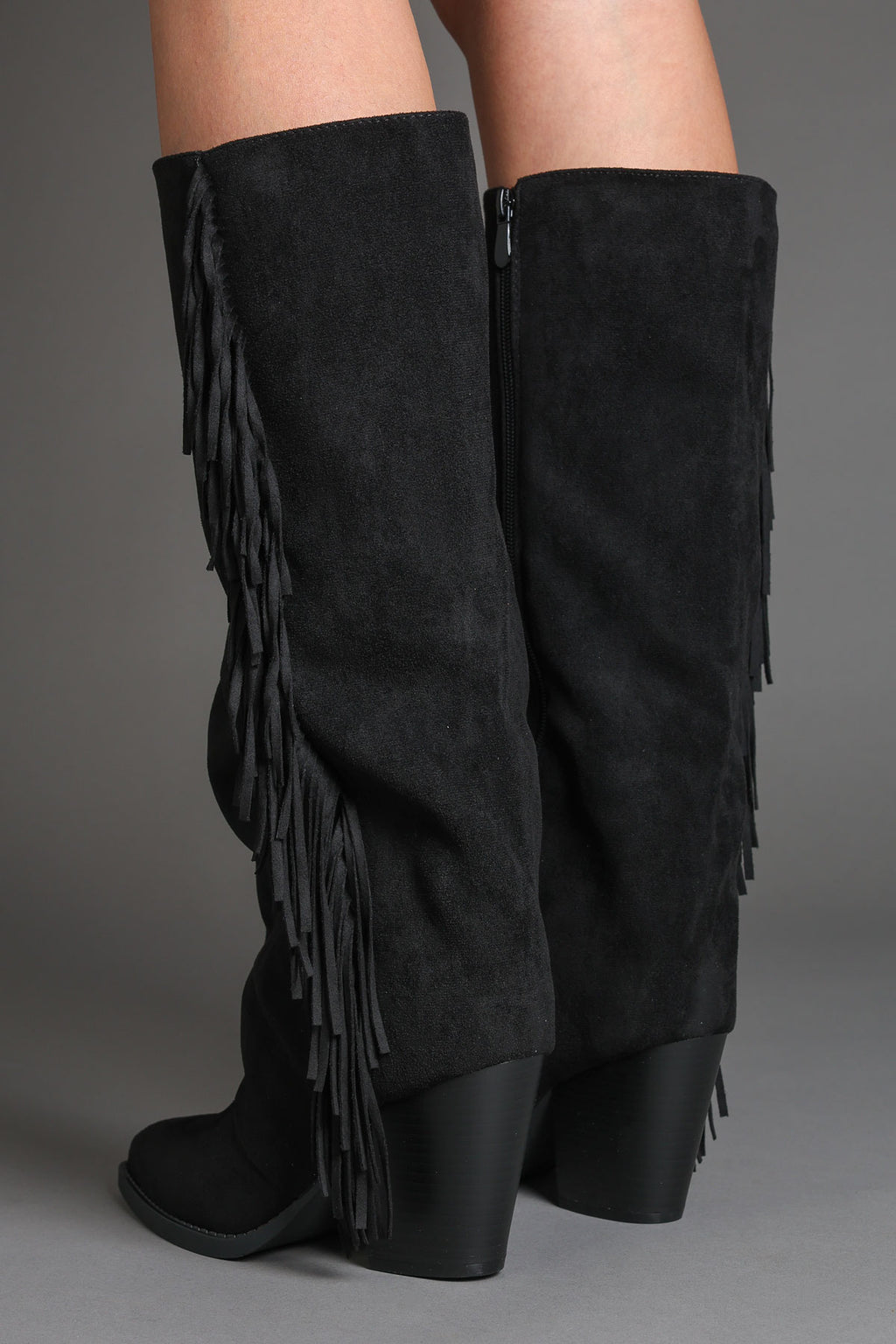 Black Faux Suede Fringe Slouchy Knee-High Western Cowboy Boots