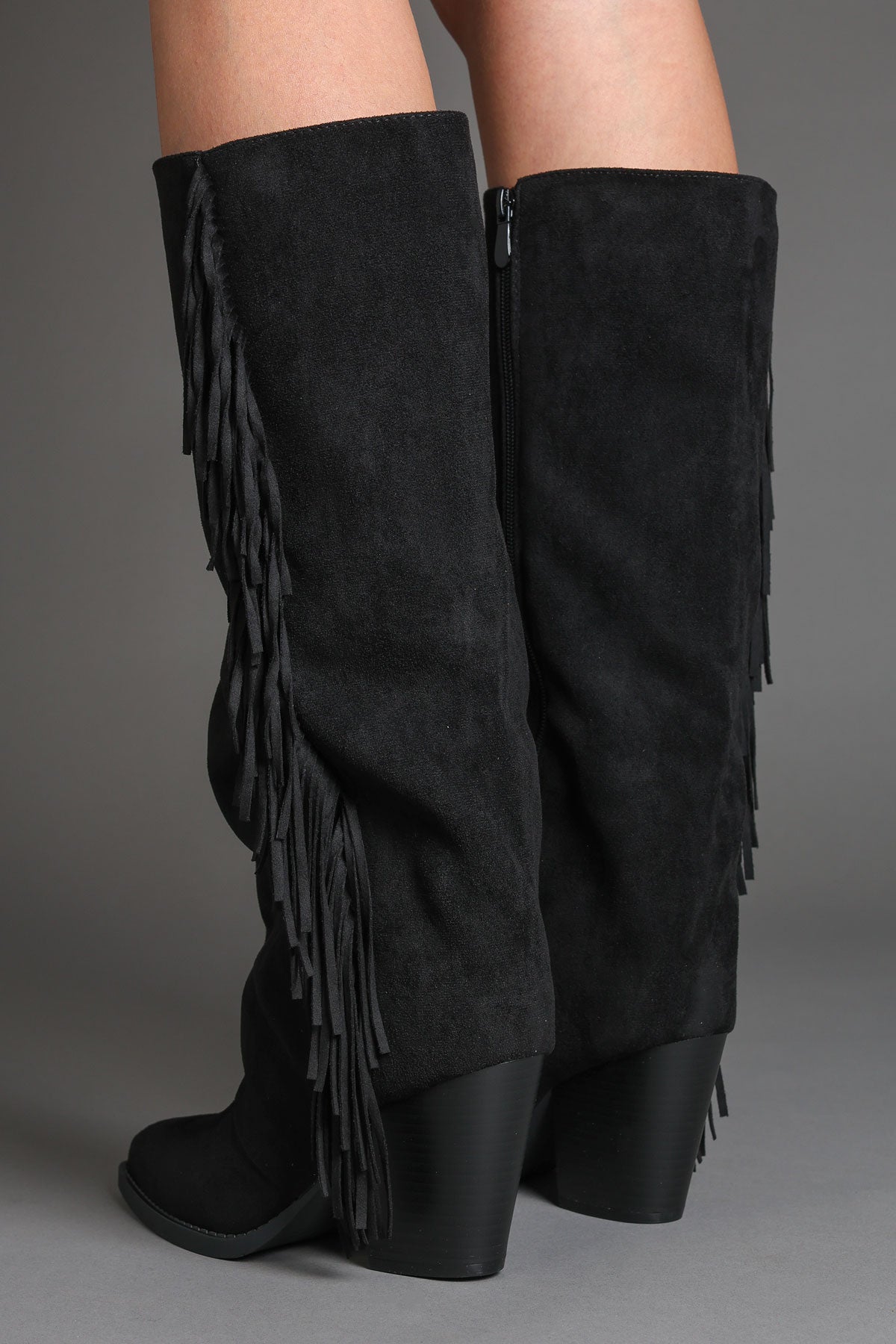 Black Faux Suede Fringe Slouchy Knee-High Western Cowboy Boots