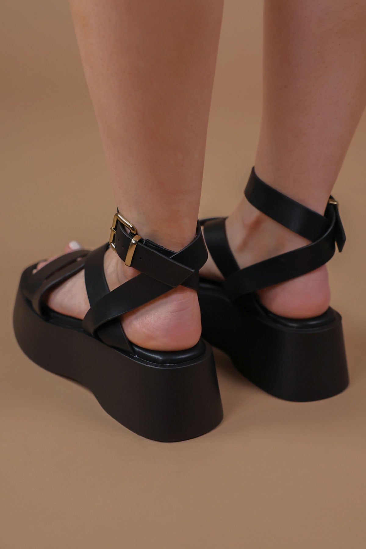 Elena Black Gladiator Flatform Buckle Sandals