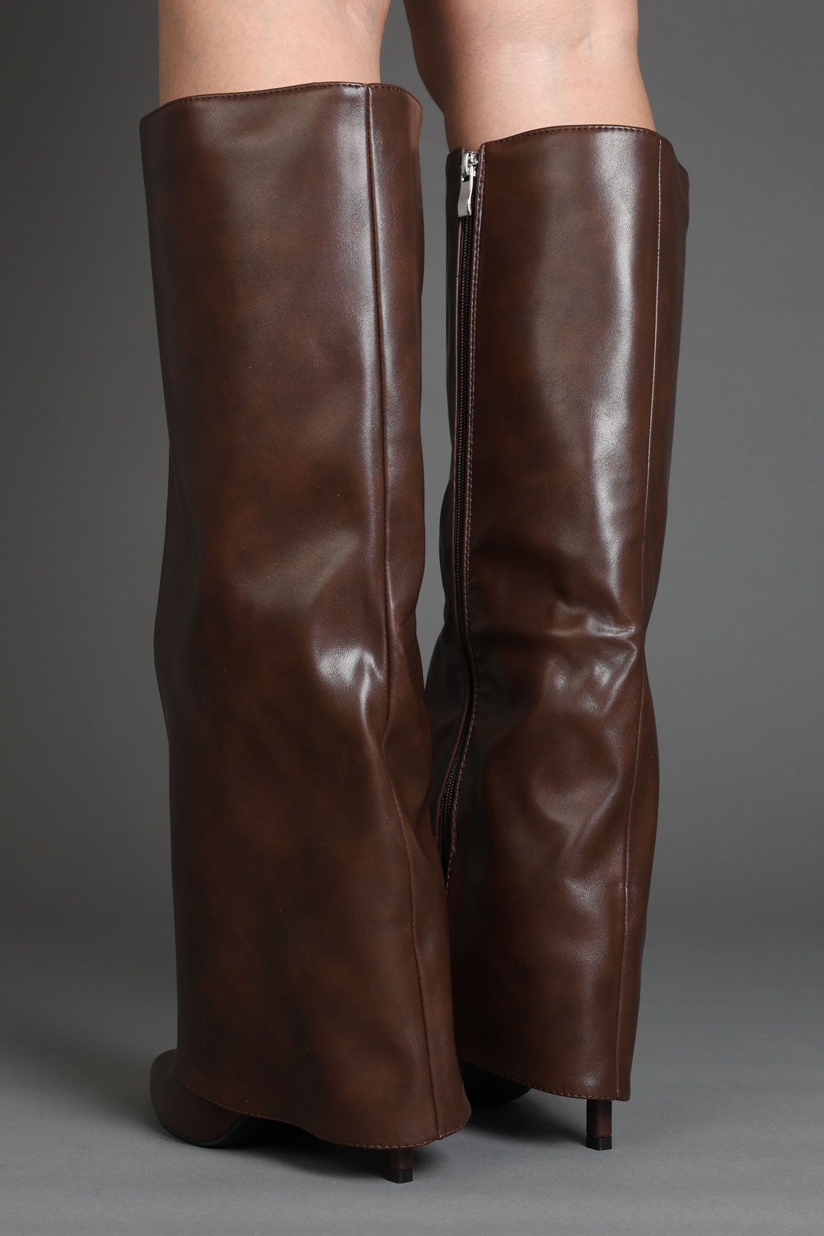 Brown Faux Leather Stiletto Slouchy Fold Over Knee-High Boots