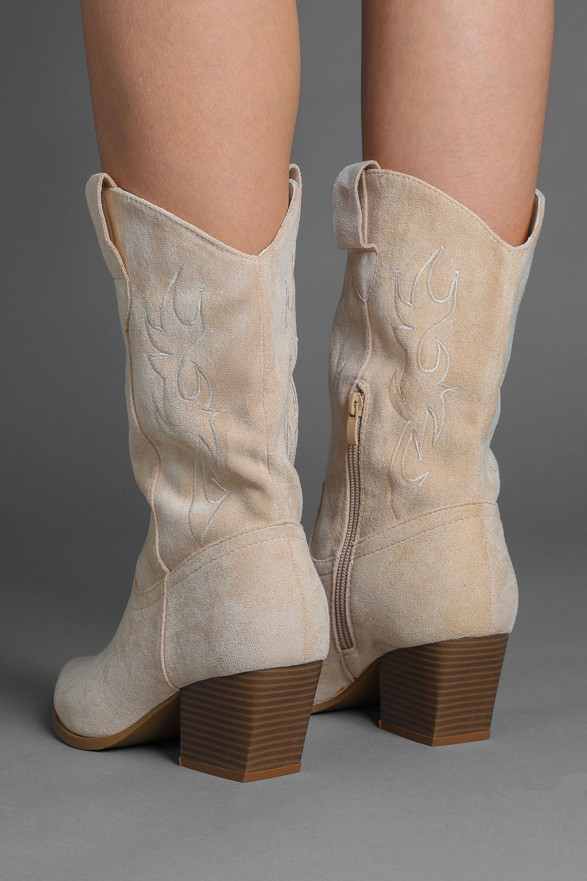 Beige Faux Suede Flame Embroidered Western Cowboy Boots