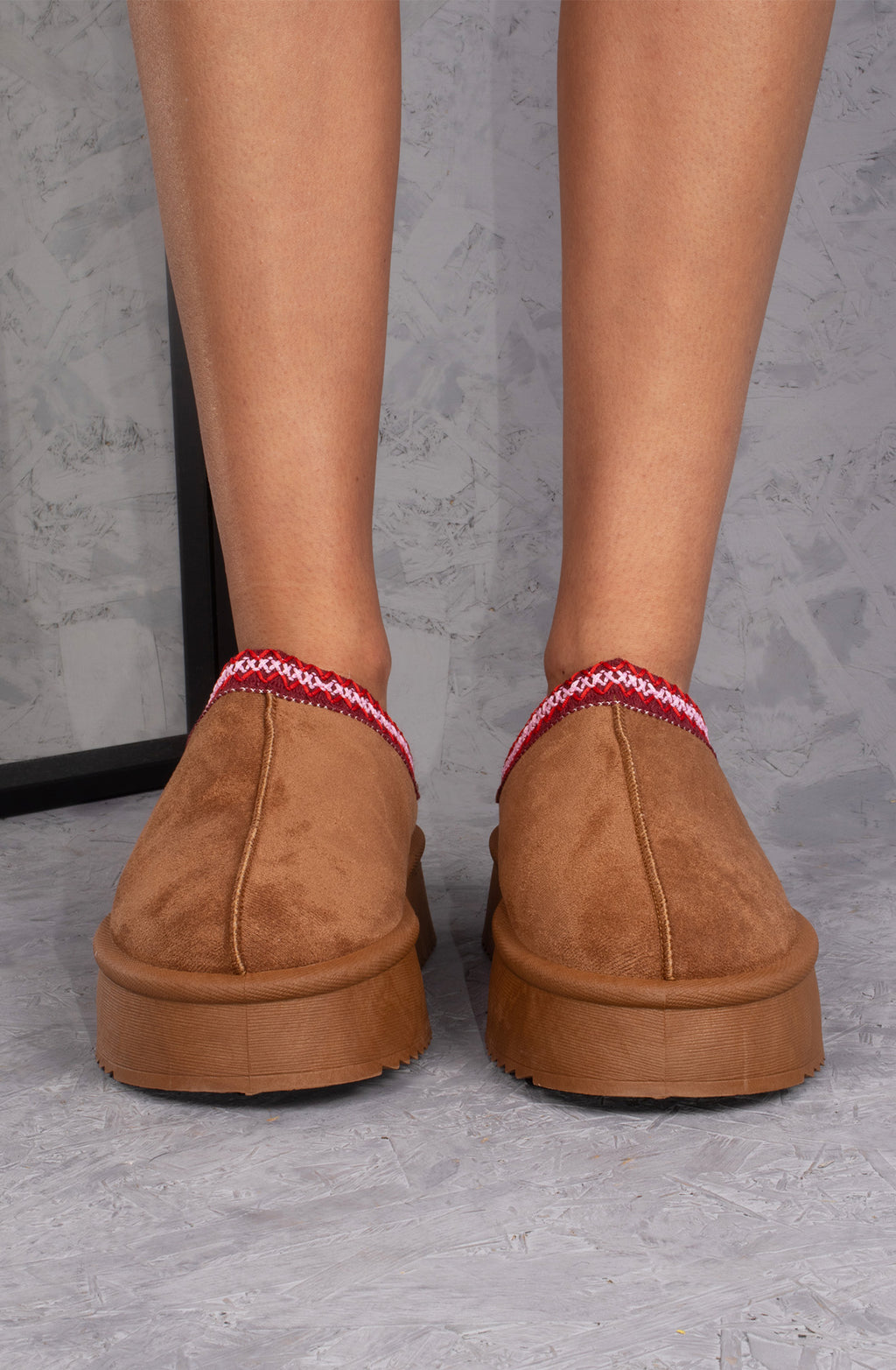 Vanilla Suede Embroidered Chunky Platform Slippers Shoes - Cherry Red