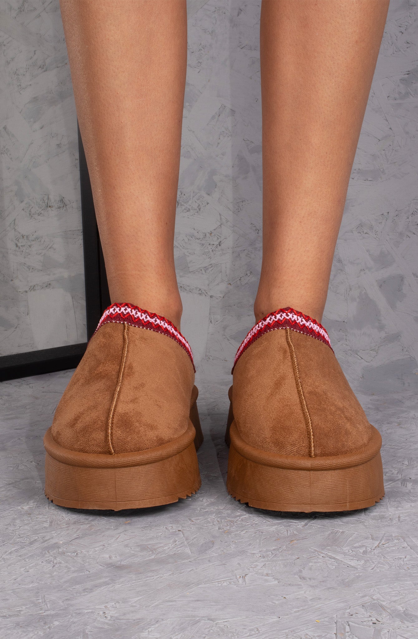 Vanilla Suede Embroidered Chunky Platform Slippers Shoes - Cherry Red