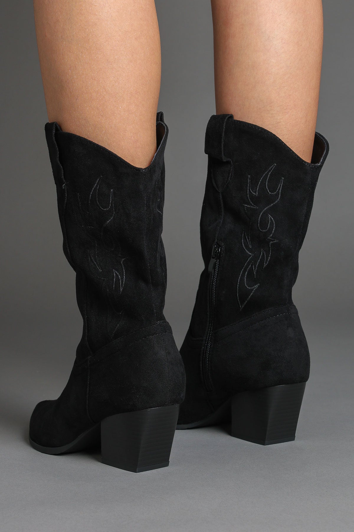 Black Faux Suede Flame Embroidered Western Cowboy Boots